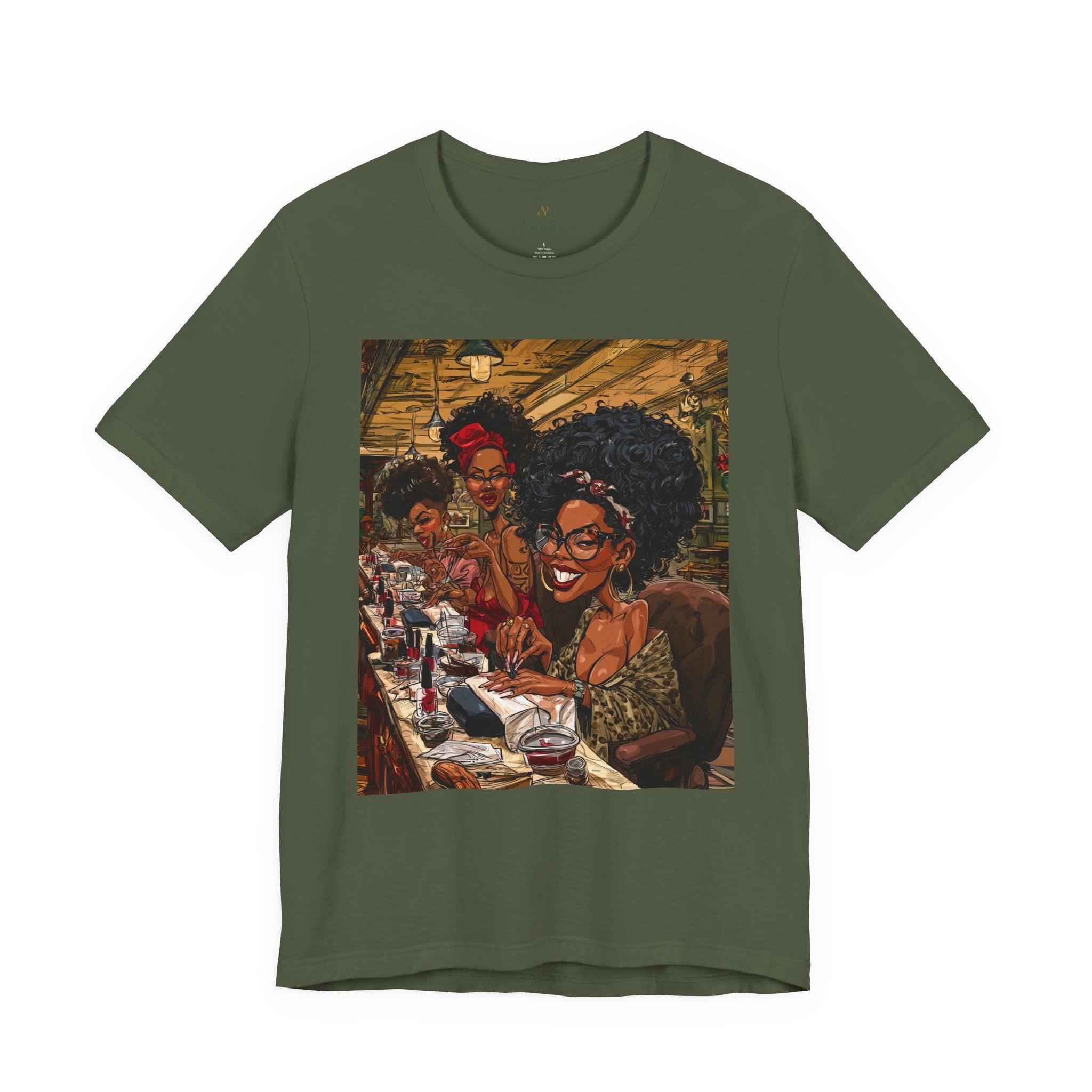 Black Women Nail Salon T-Shirt - Afrocentric Beauty Shop Graphic Tee - Black Girl Self Care Shirt - Color Military Green