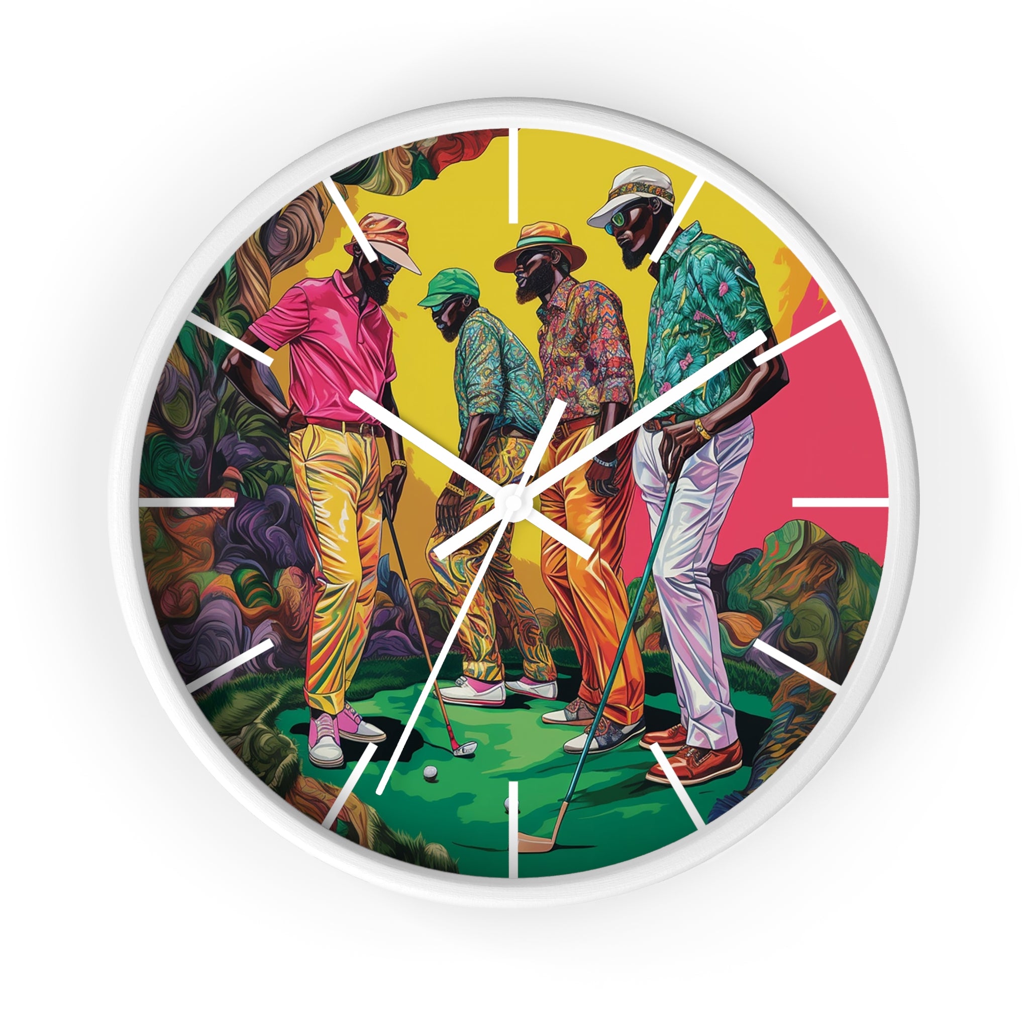 Black Men Playing Golf Wall Clock featuring African American golfers on the green. Afrocentric sports wall decor celebrating Black men in golf, leisure, and culture.