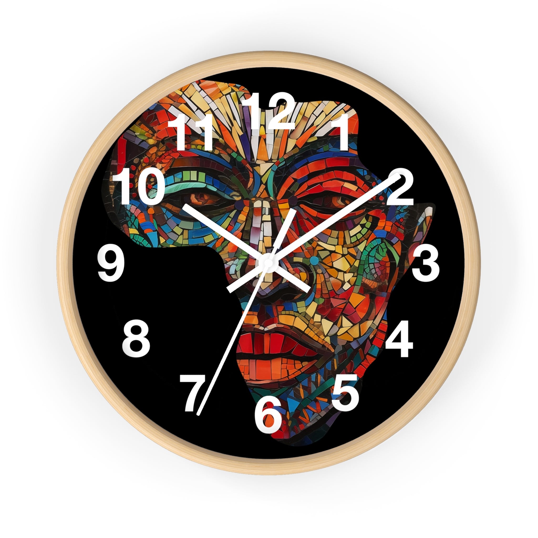 African Mosaic Mask Round Wall Clock featuring a mosaic-style African mask in the shape of the continent of Africa. Abstract Afrocentric wall decor with bold geometric patterns and vibrant colors.