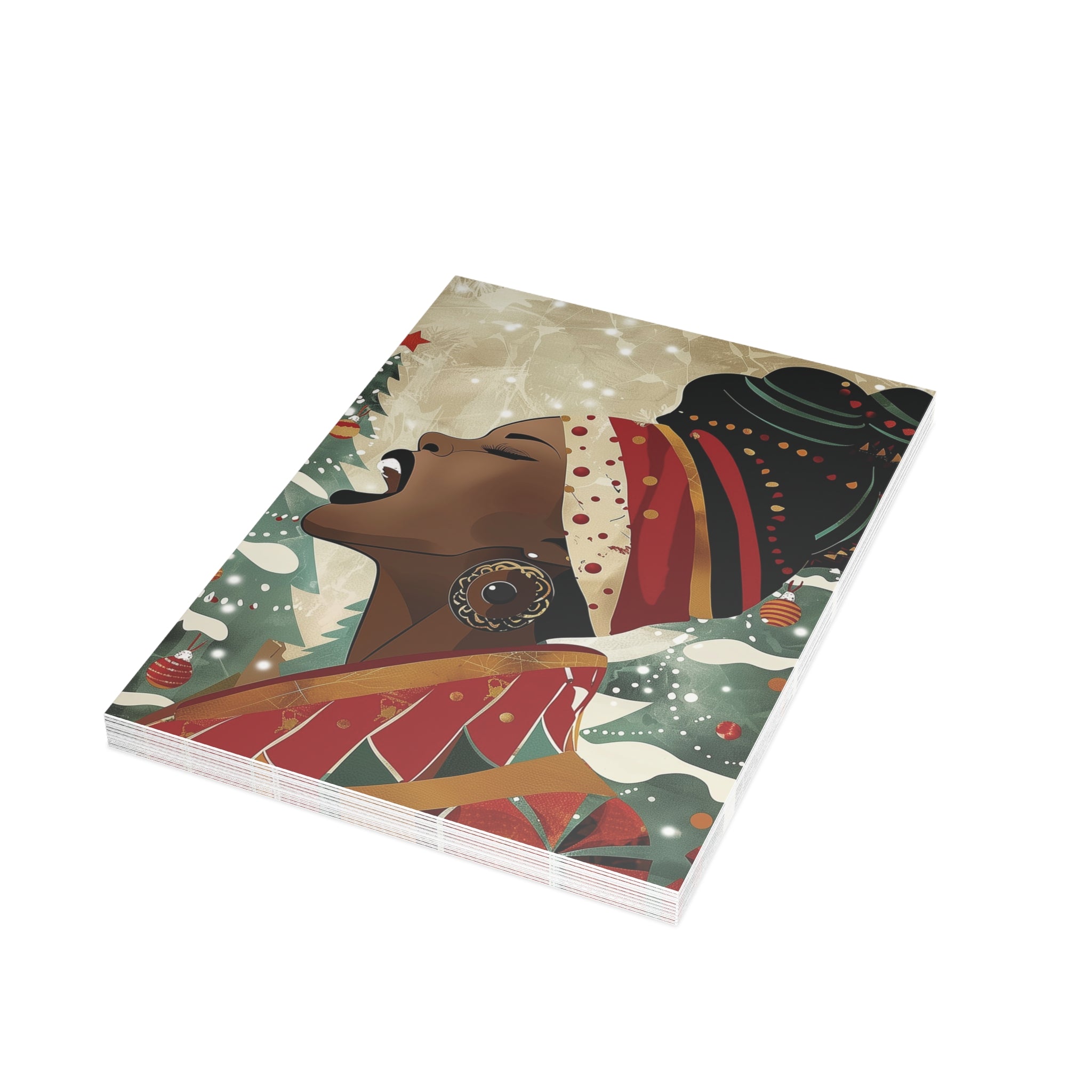 Black Woman Singer Christmas Card featuring a joyful Afrocentric holiday design of a Black woman singing, available as a single card or multipack with white envelopes.