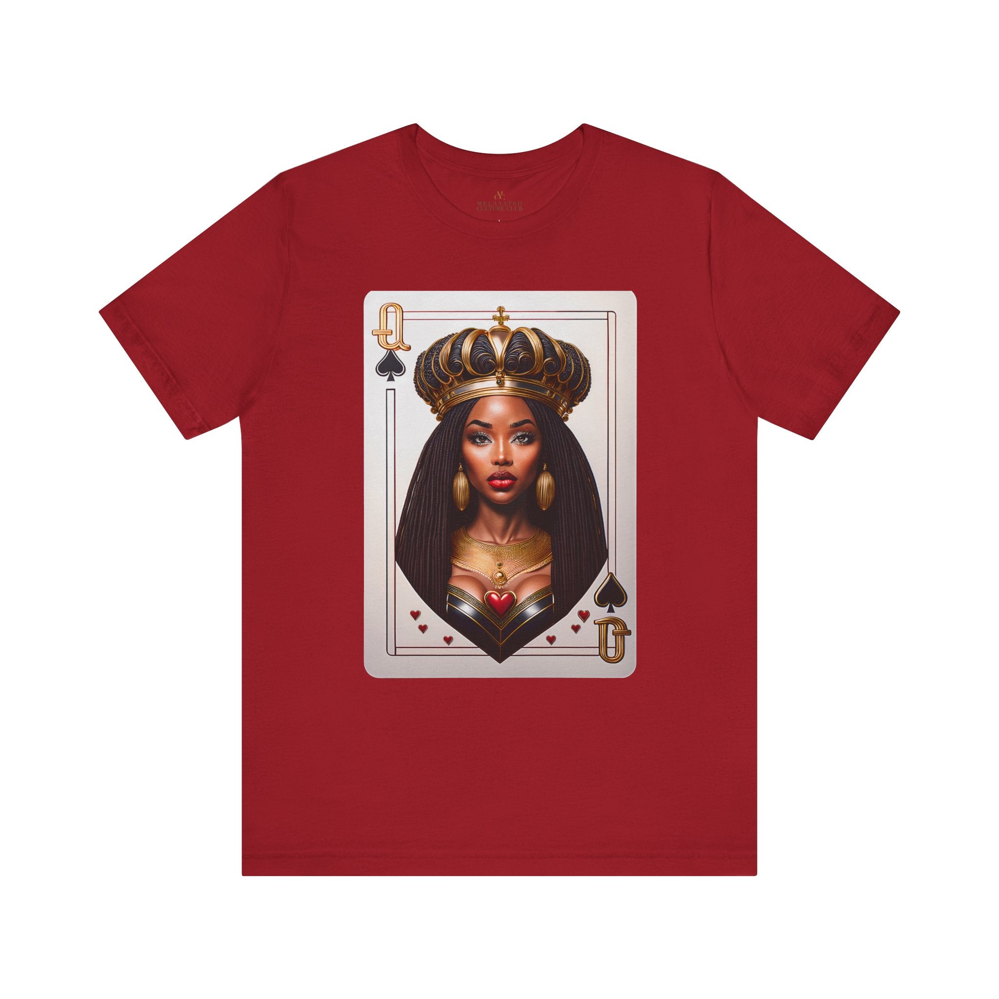 Black Queen of Spades Tee Shirt featuring an illustrated African American woman with an afro and gold crown, styled as the Queen of Spades playing card. Afrocentric vintage-inspired streetwear design in bold red, gold, and black colors.
