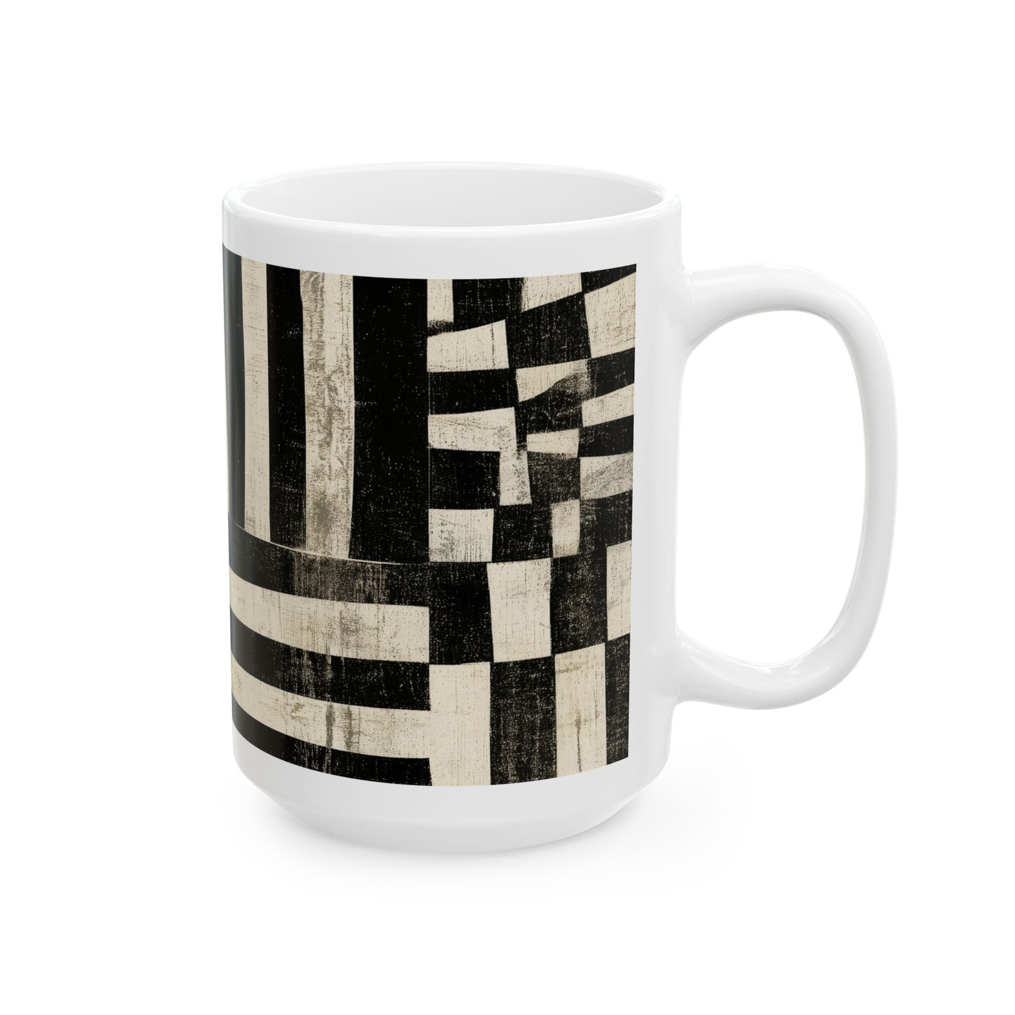 Right handle view of an 15 oz  Afrocentric geometric coffee mug featuring black, creme and red abstract shapes, arches, stripes and checkerboard patterns, displayed against a white background.