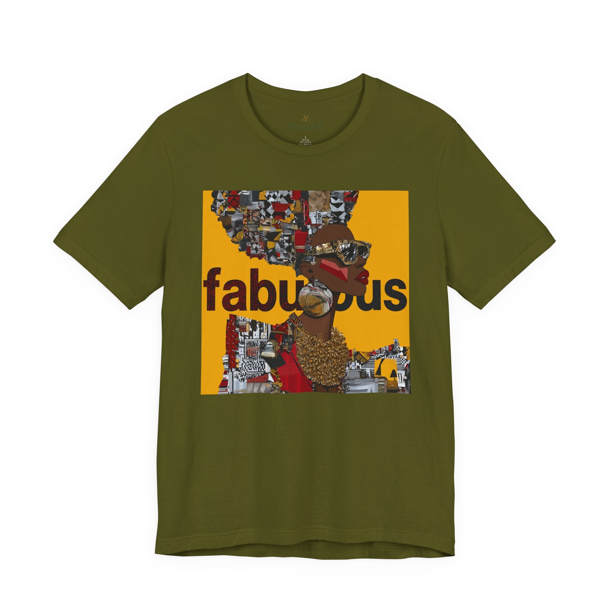 A olive green short-sleeve t-shirt featuring an Afrocentric Black woman with a large graphic print on the front with the word 'fabulous' in dark brown text over a collage of colorful objects.