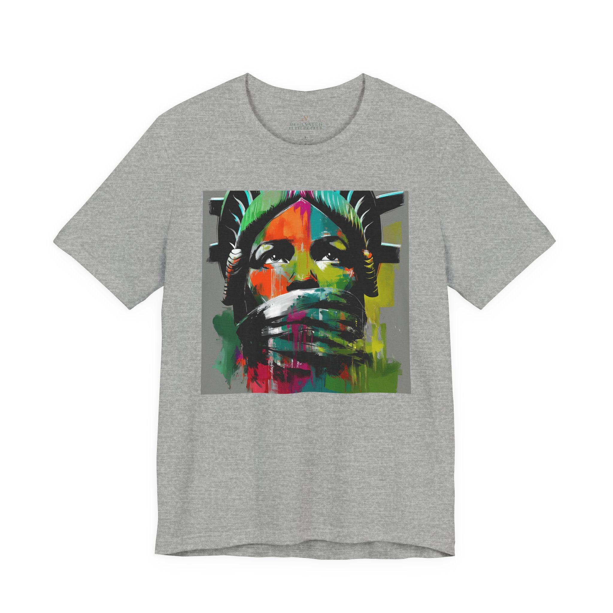 Black woman depicted as Statue of Liberty with mouth covered by white cloth symbolizing silenced freedom of speech First Amendment protest art on tee shirt