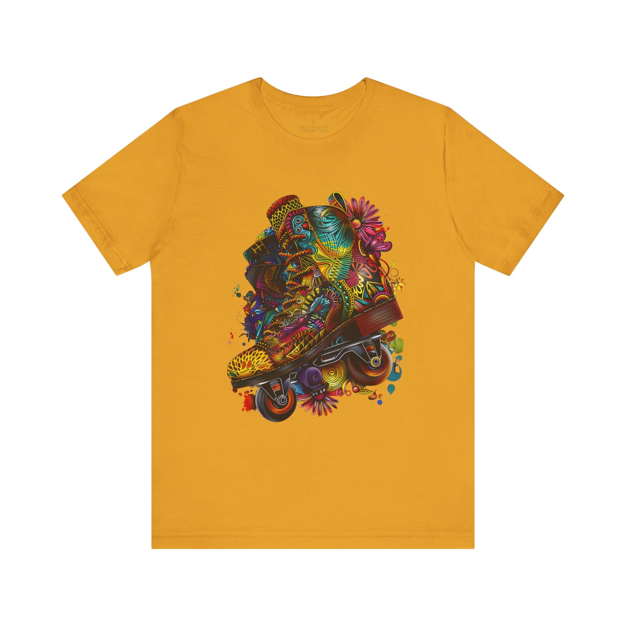 Roller Skater Psychedelic Afrocentric Style Tee in mustard.