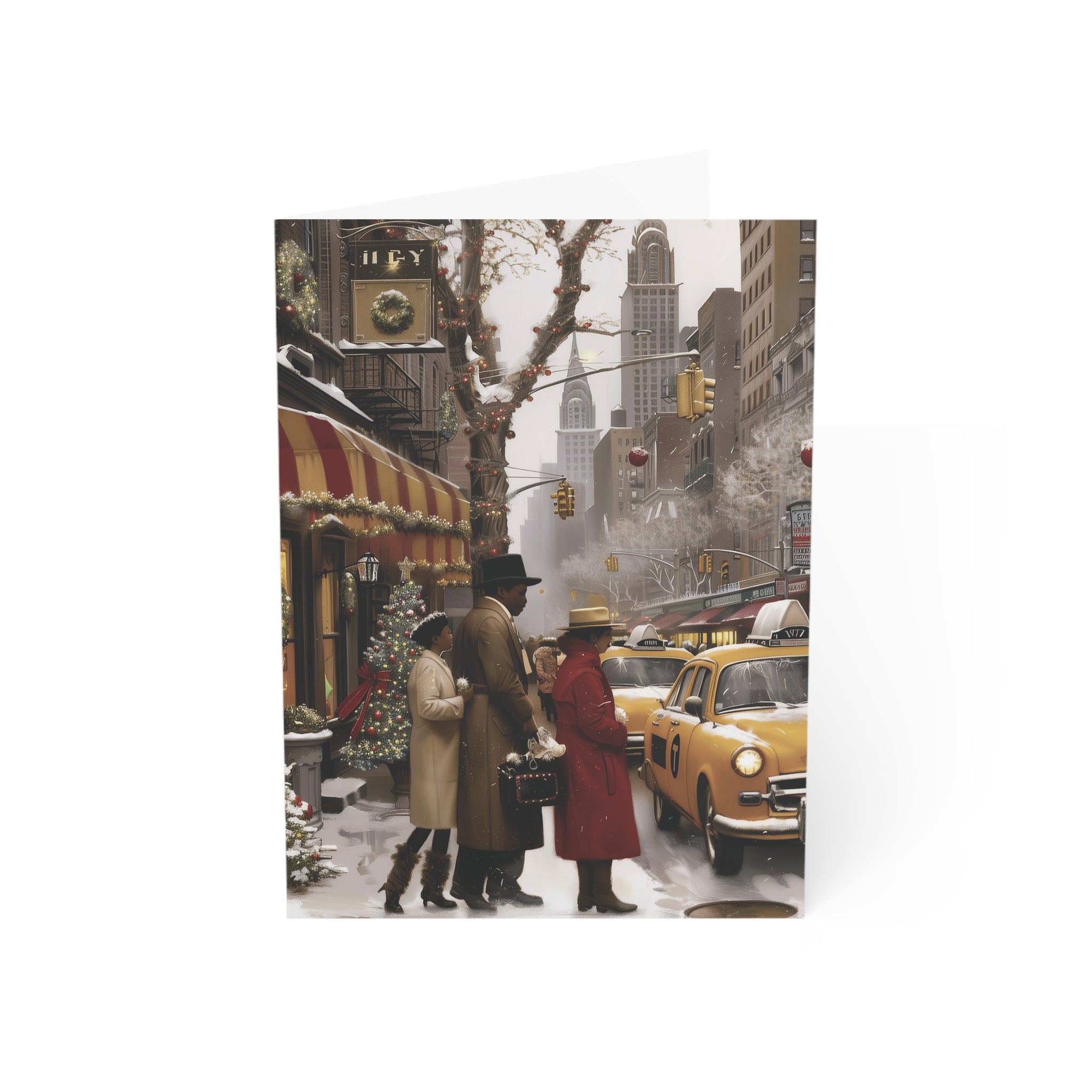 African American Christmas Shoppers Holiday Card featuring stylish Black families shopping in New York City during the holiday season, available as a single card or multipack with white envelopes.