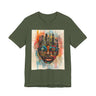 Afrocentric graphic t-shirt featuring an abstract African mask blended with the New York City skyline in a colorful watercolor style design celebrating Black culture and NYC pride.