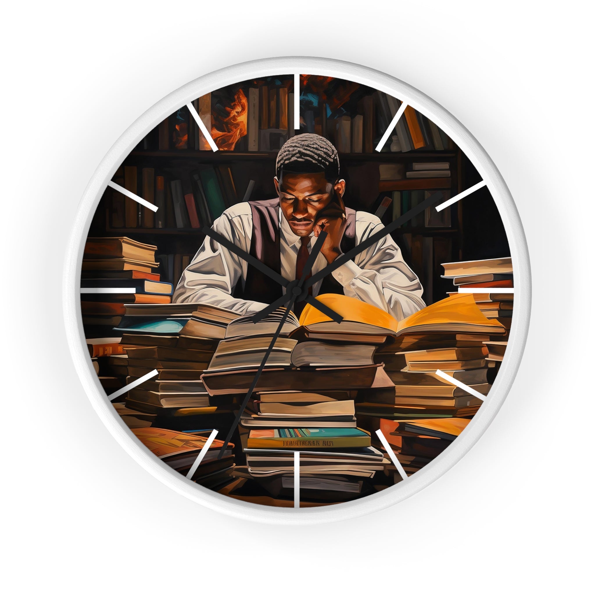 Black Man Law Student Round Wall Clock featuring an African American male scholar studying in a library setting. Afrocentric wall art symbolizing education, focus, and academic excellence.
