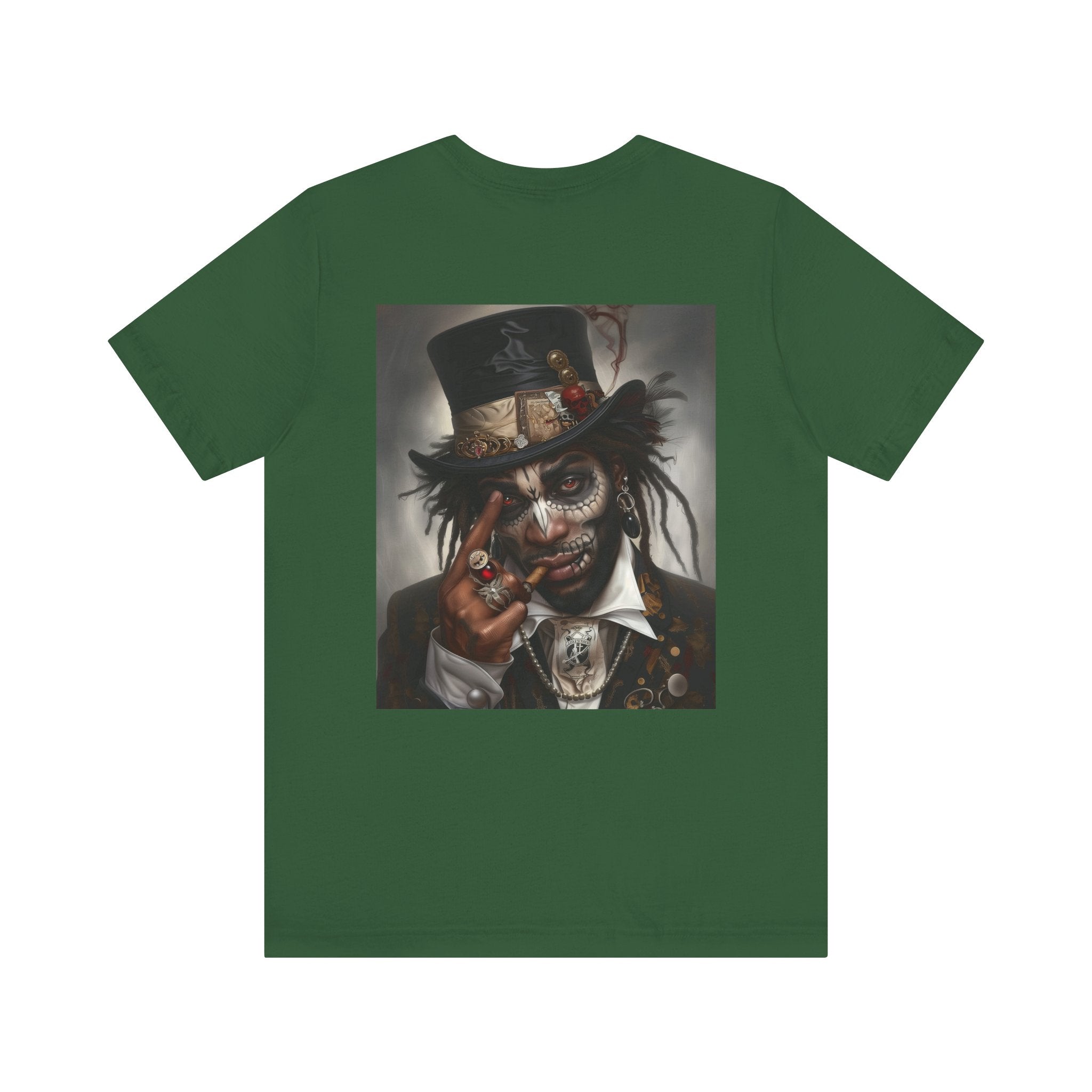 Voodoo Priest Tee Shirt featuring an Afrocentric gothic design of a voodoo priest in a top hat with skull face paint, red eyes, dark fantasy Afrocentric streetwear. (Back style)