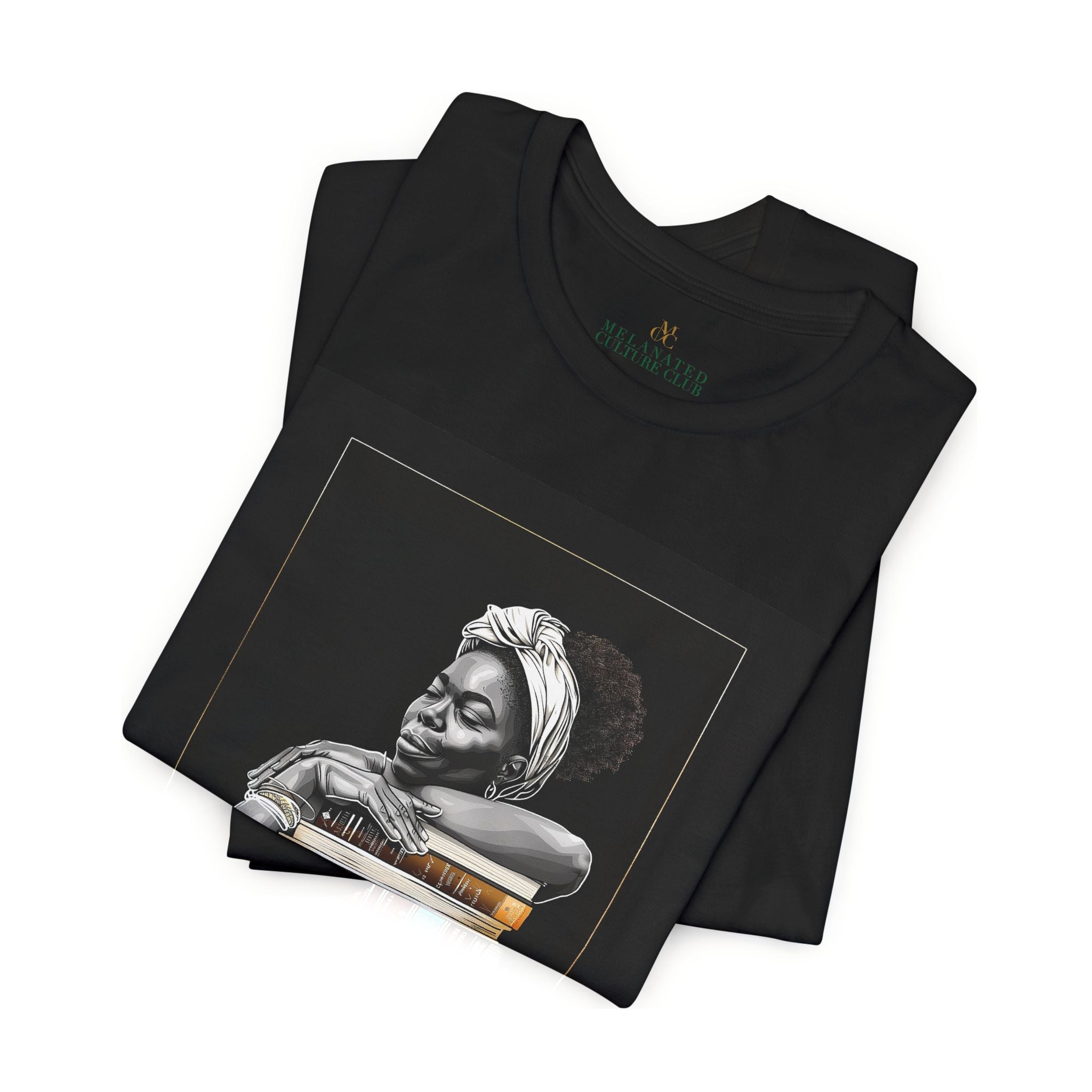 Afrocentric graphic tee shirt featuring a peaceful Black woman embracing a stack of books, symbolizing education, knowledge, freedom, and generational legacy.