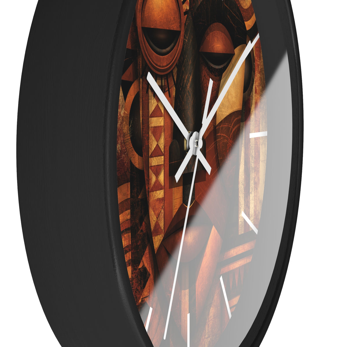 Side view of black round wall clock with white time markings and white clock hands, featuring an abstract African-inspired mask face with geometric shapes, circular patterns, and textured details in terracotta, burnt orange, bronze, black, and warm gold tones, displayed against a white background.