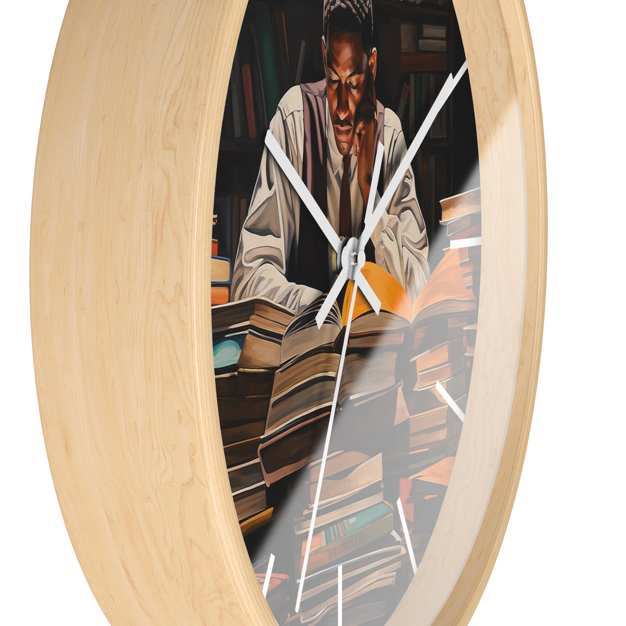 Black Man Law Student Round Wall Clock featuring an African American male scholar studying in a library setting. Afrocentric wall art symbolizing education, focus, and academic excellence.