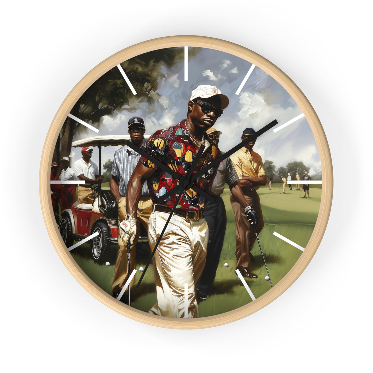 Round wall clock with a light natural wood frame and a printed illustration of a golfer on a golf course. The clock face has white Roman numerals and black hands, shown against a plain white background.