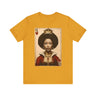 Black Queen of Hearts Tee Shirt featuring an illustrated African American woman with an afro and gold crown, styled as the Queen of Hearts playing card. Afrocentric vintage-inspired streetwear design in bold red, gold, and black colors.