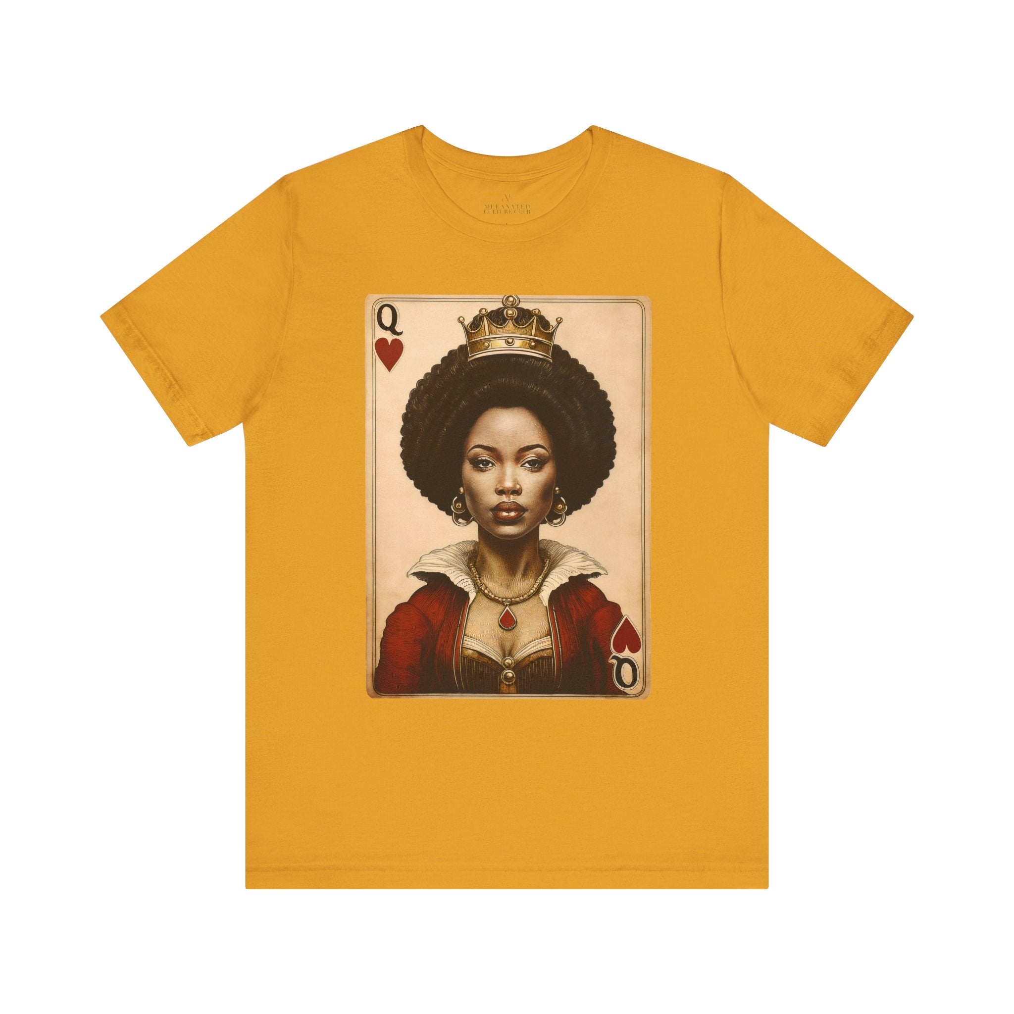 Black Queen of Hearts Tee Shirt featuring an illustrated African American woman with an afro and gold crown, styled as the Queen of Hearts playing card. Afrocentric vintage-inspired streetwear design in bold red, gold, and black colors.
