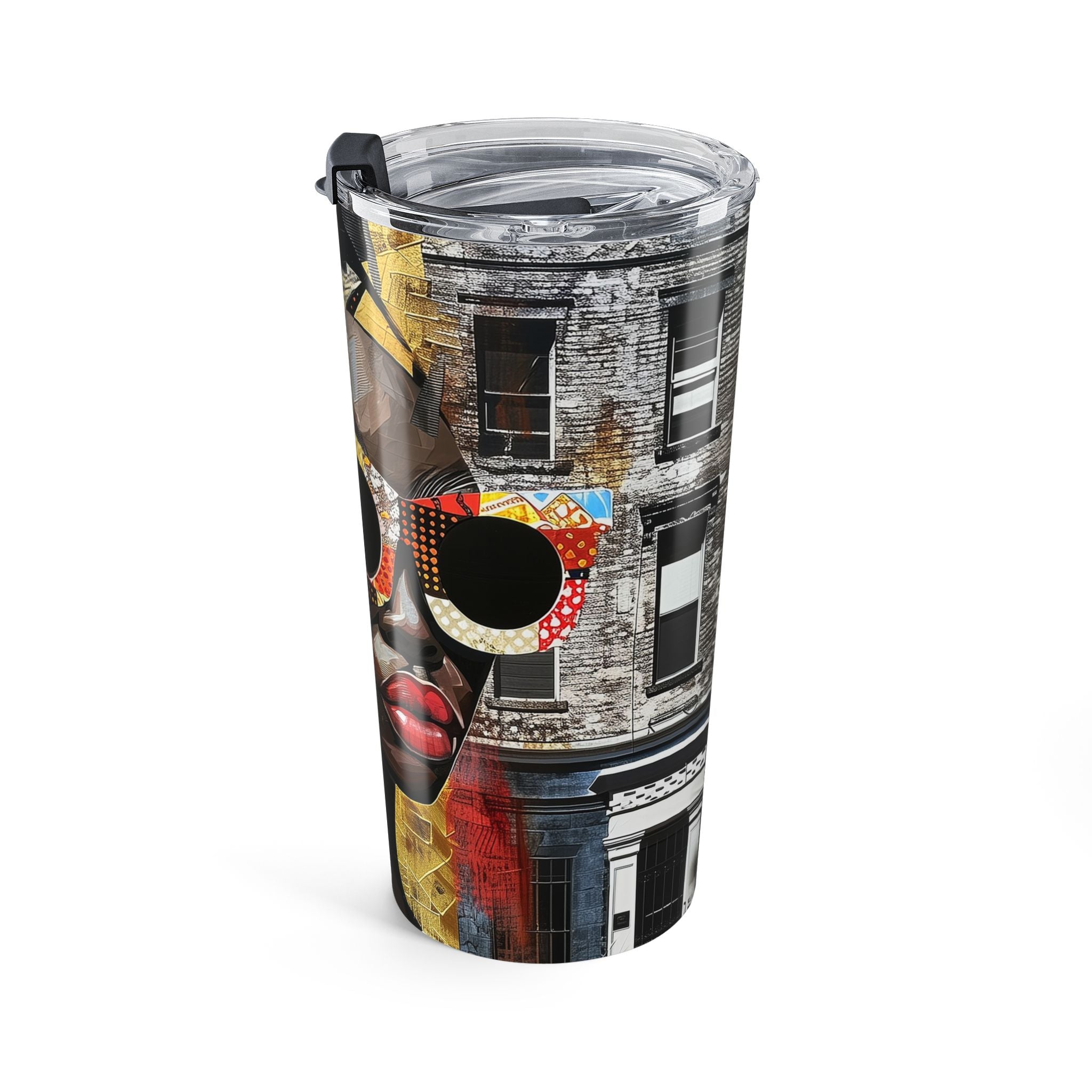 20 oz Boss Babe Lakendra tumbler with graffiti style illustration of a confident woman, featuring a clear push-on lid and rubber gasket, suitable for hot and cold drinks.
