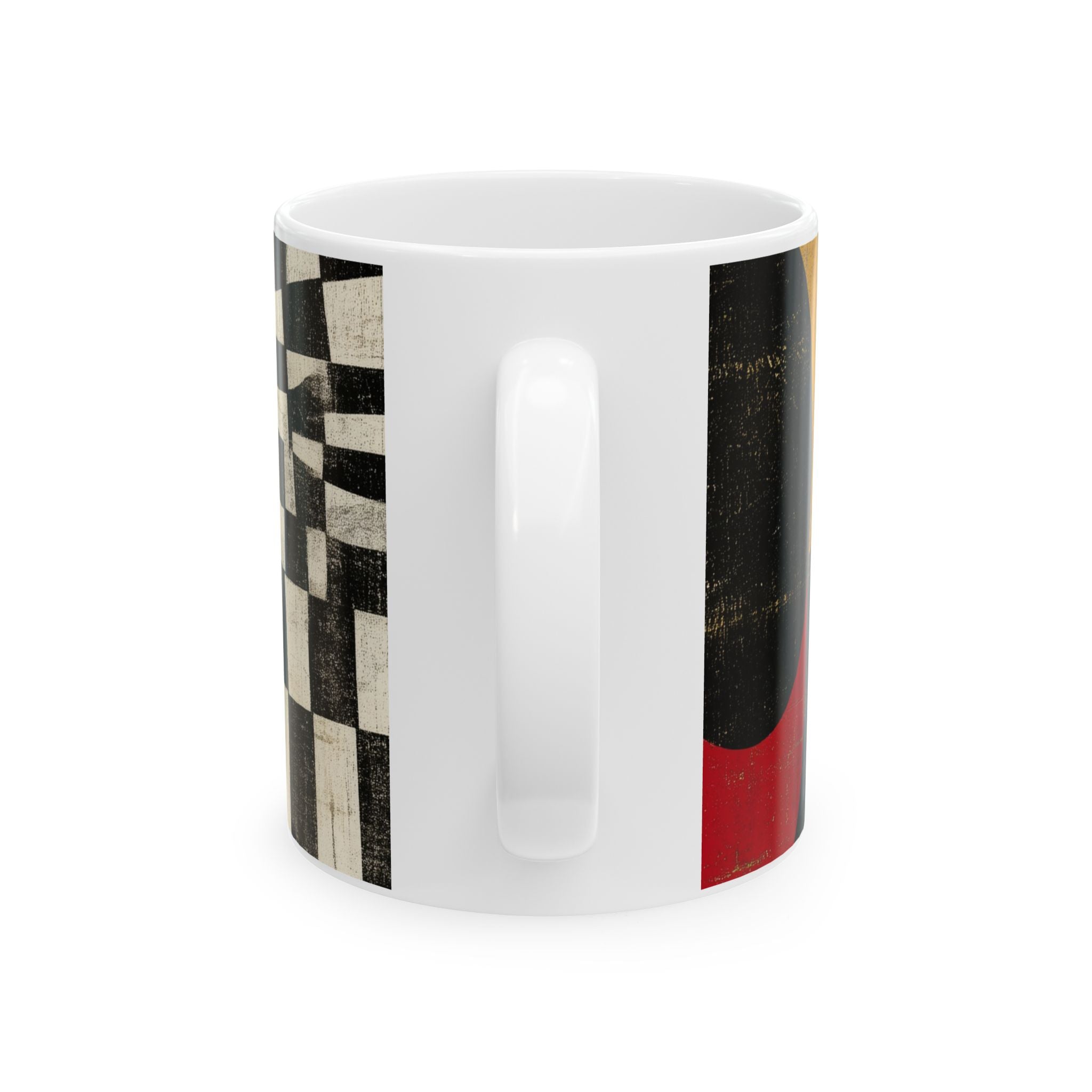 A white ceramic mug featuring a wrap-around art print with a black and beige checkerboard pattern on one side, a textured black and gold vertical stripe on the other, and a bold red block at the bottom, shown on a plain white background.