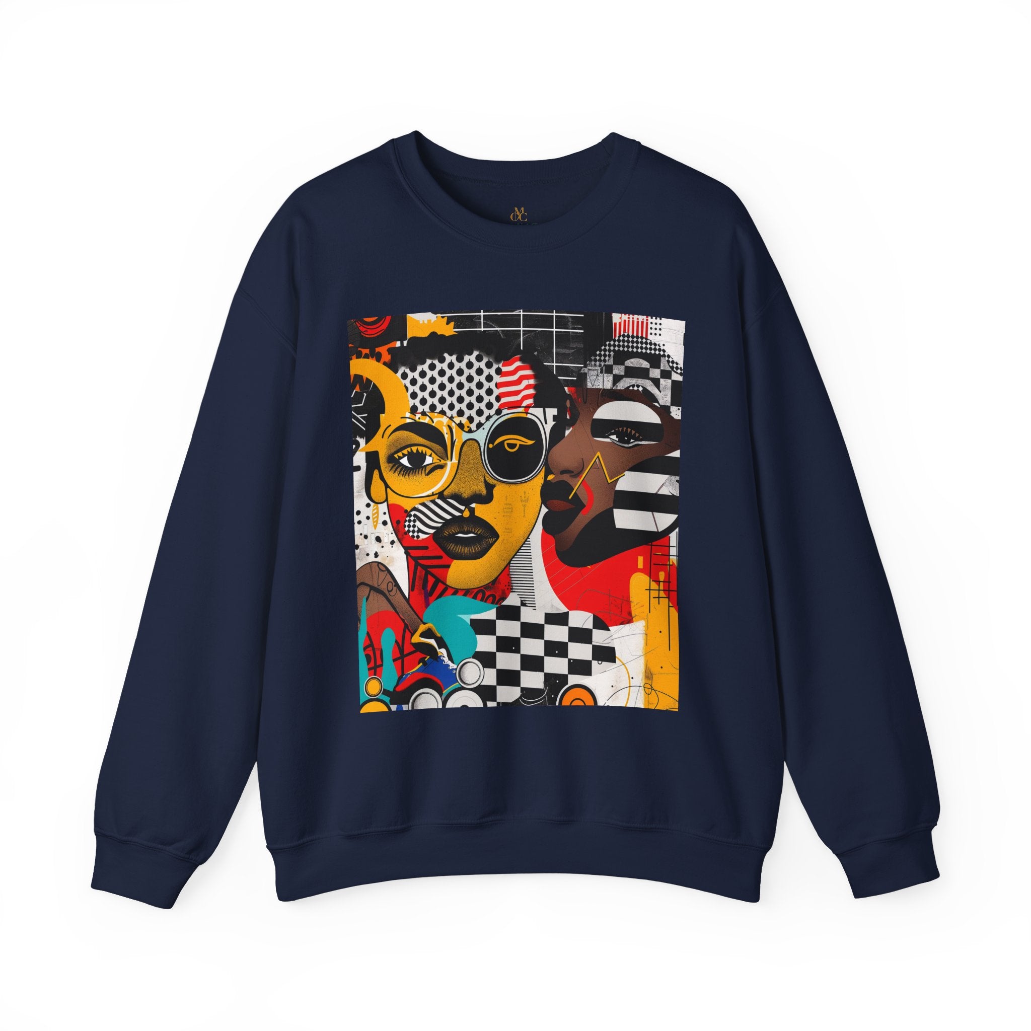 Black Women Collage Art Sweatshirt featuring a vibrant multidimensional “Soul Sister” pop art design in bold colors, Afrocentric graphic crewneck celebrating cultural pride and heritage.