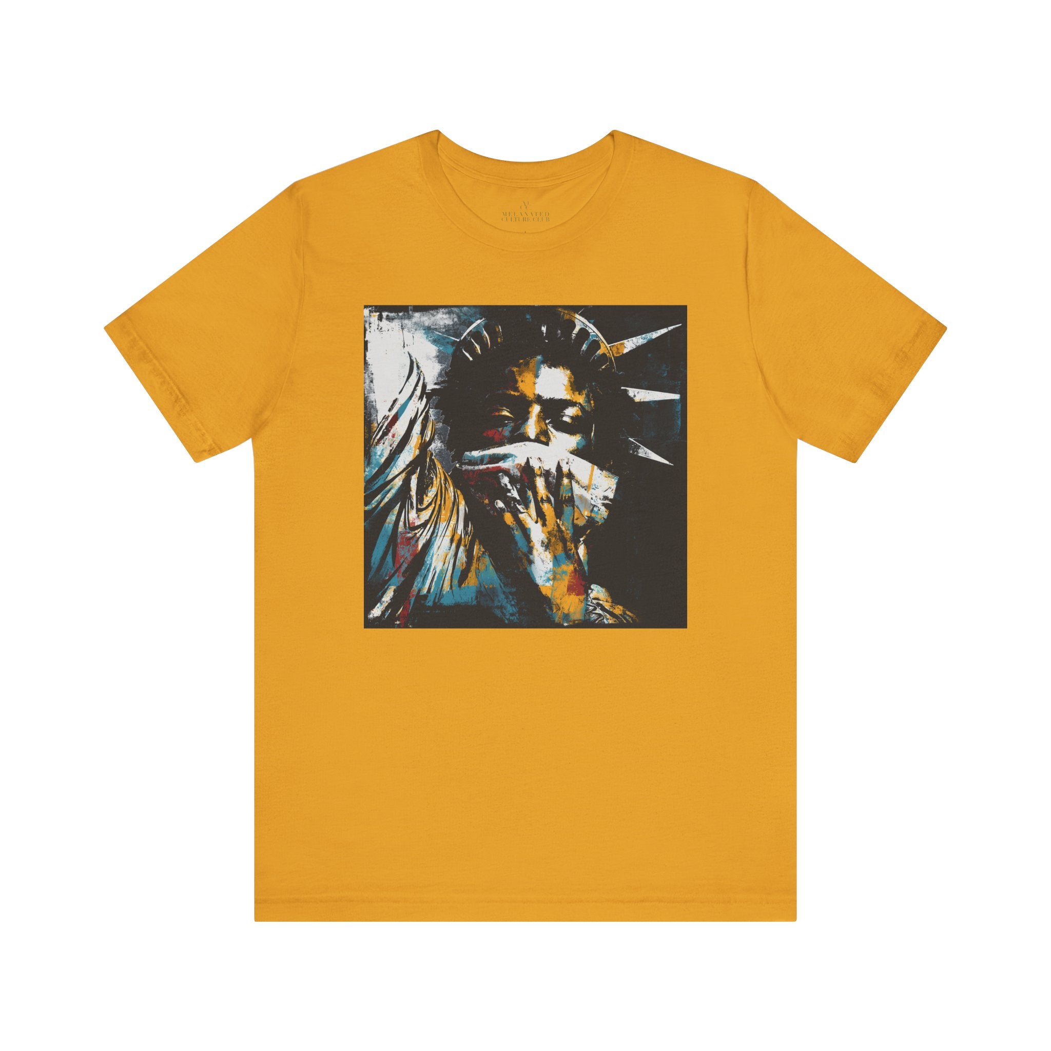 Black woman depicted as Statue of Liberty with mouth covered by white cloth symbolizing silenced freedom of speech First Amendment protest art on tee shirt.