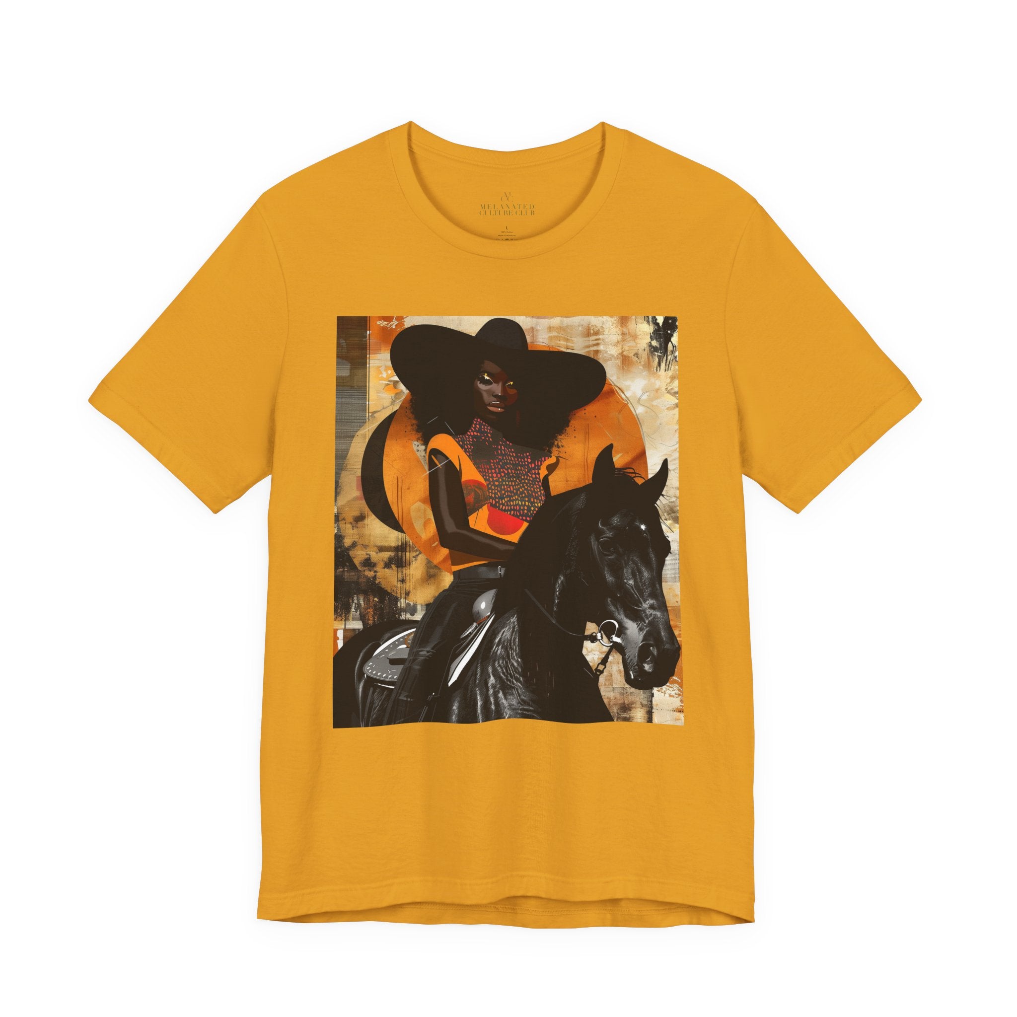 Afrocentric Black cowgirl t-shirt featuring a Black woman riding a stallion in an abstract collage art style, western-inspired graphic tee with cultural and modern aesthetic.