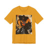 Afrocentric Black cowgirl t-shirt featuring a Black woman riding a stallion in an abstract collage art style, western-inspired graphic tee with cultural and modern aesthetic.
