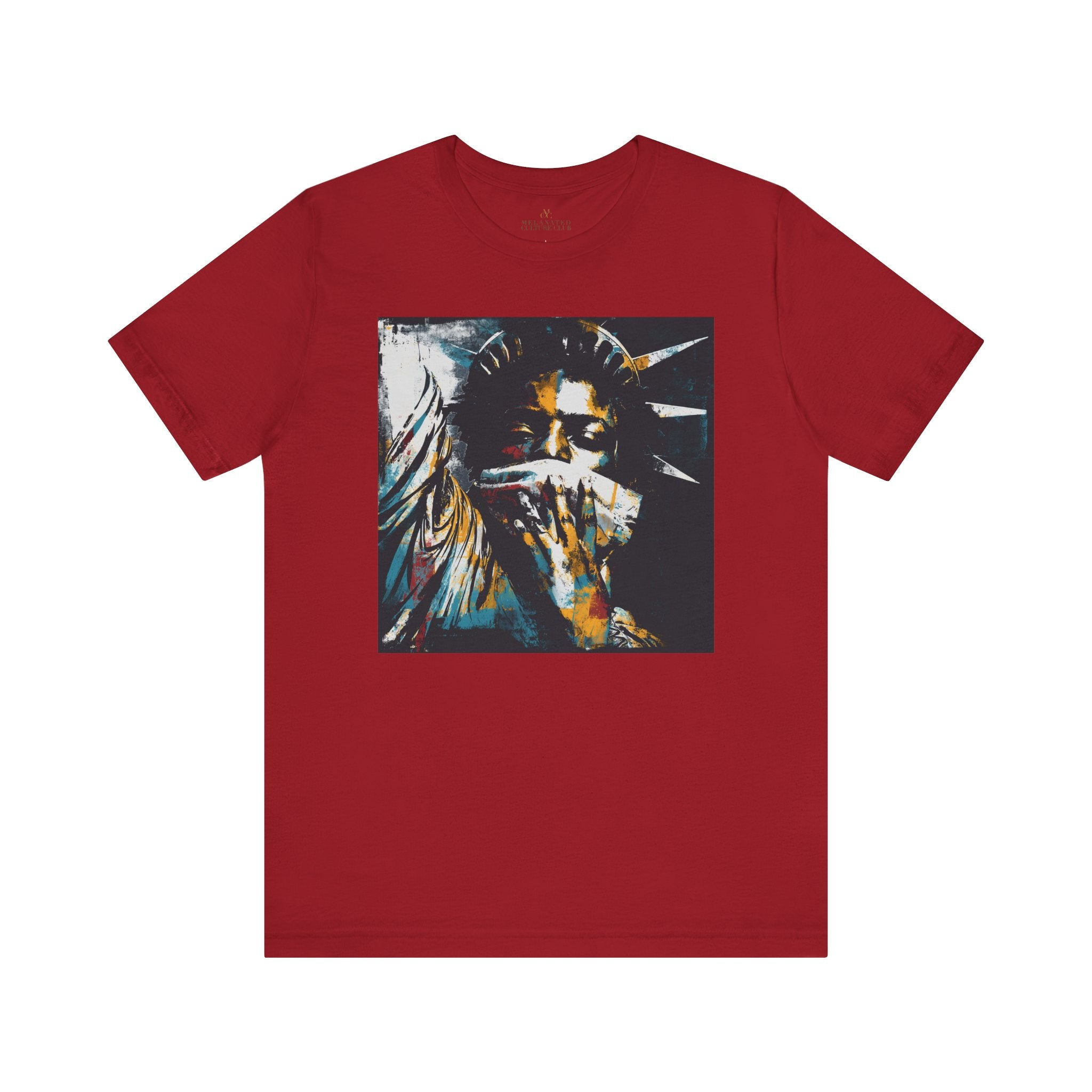 Black woman depicted as Statue of Liberty with mouth covered by white cloth symbolizing silenced freedom of speech First Amendment protest art on tee shirt.