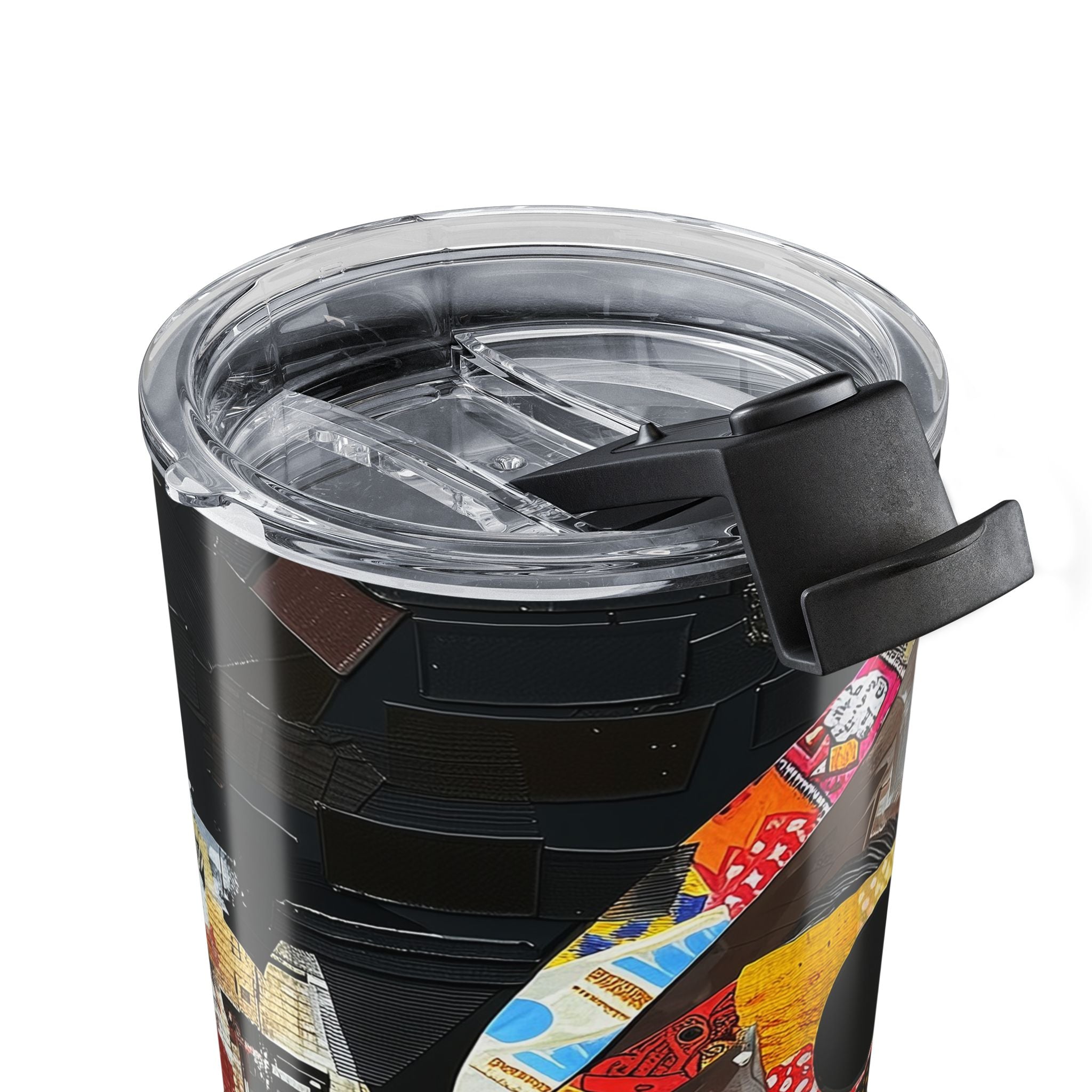 20 oz Boss Babe Lakendra tumbler with graffiti style illustration of a confident woman, featuring a clear push-on lid and rubber gasket, suitable for hot and cold drinks.