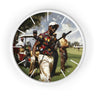 Round wall clock with a white frame and a printed illustration of four men on a golf course, with black clock hands and white hour markers.