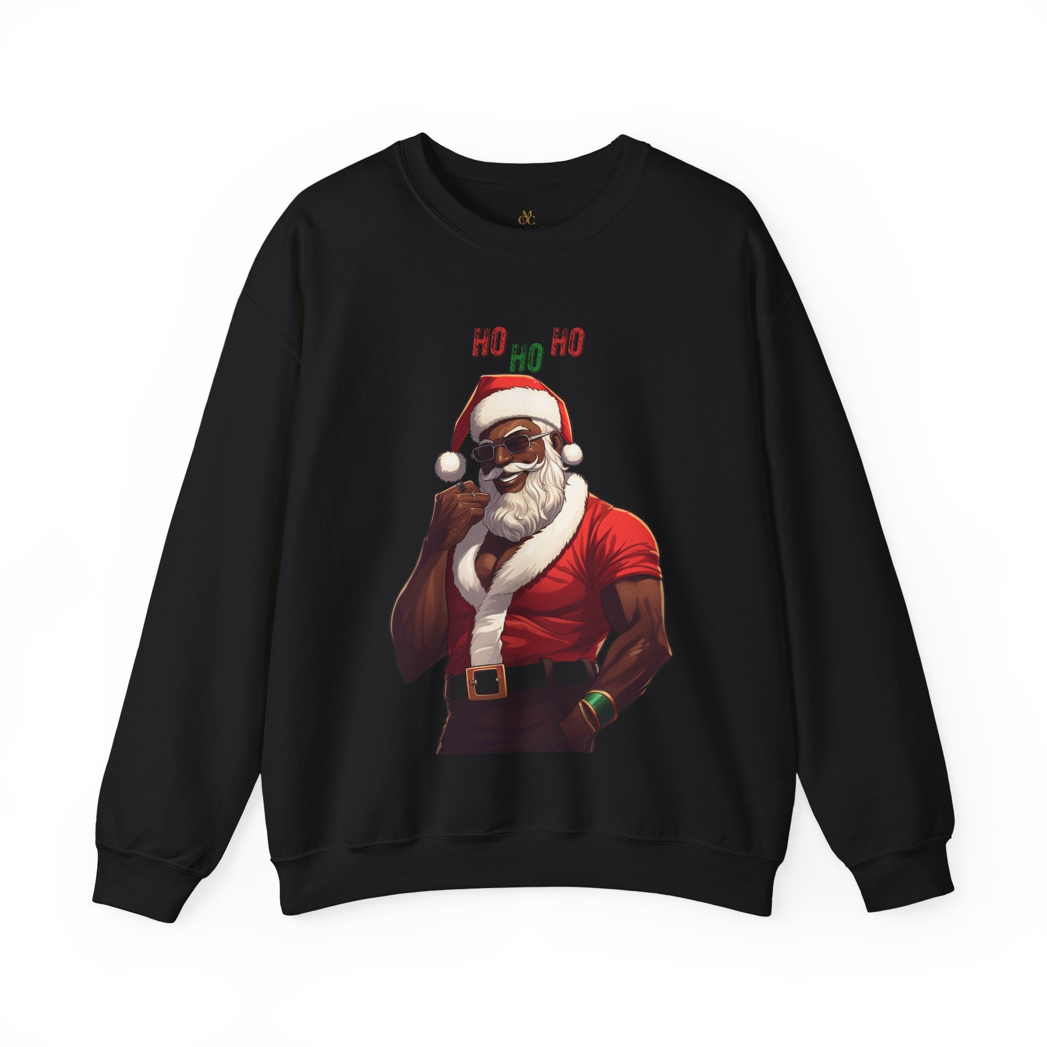 Black Santa Claus Sweatshirt featuring a sexy Afrocentric Santa design with skull cap and “Ho Ho Ho” lettering. Unisex holiday Christmas sweater celebrating African American Santa Claus style.