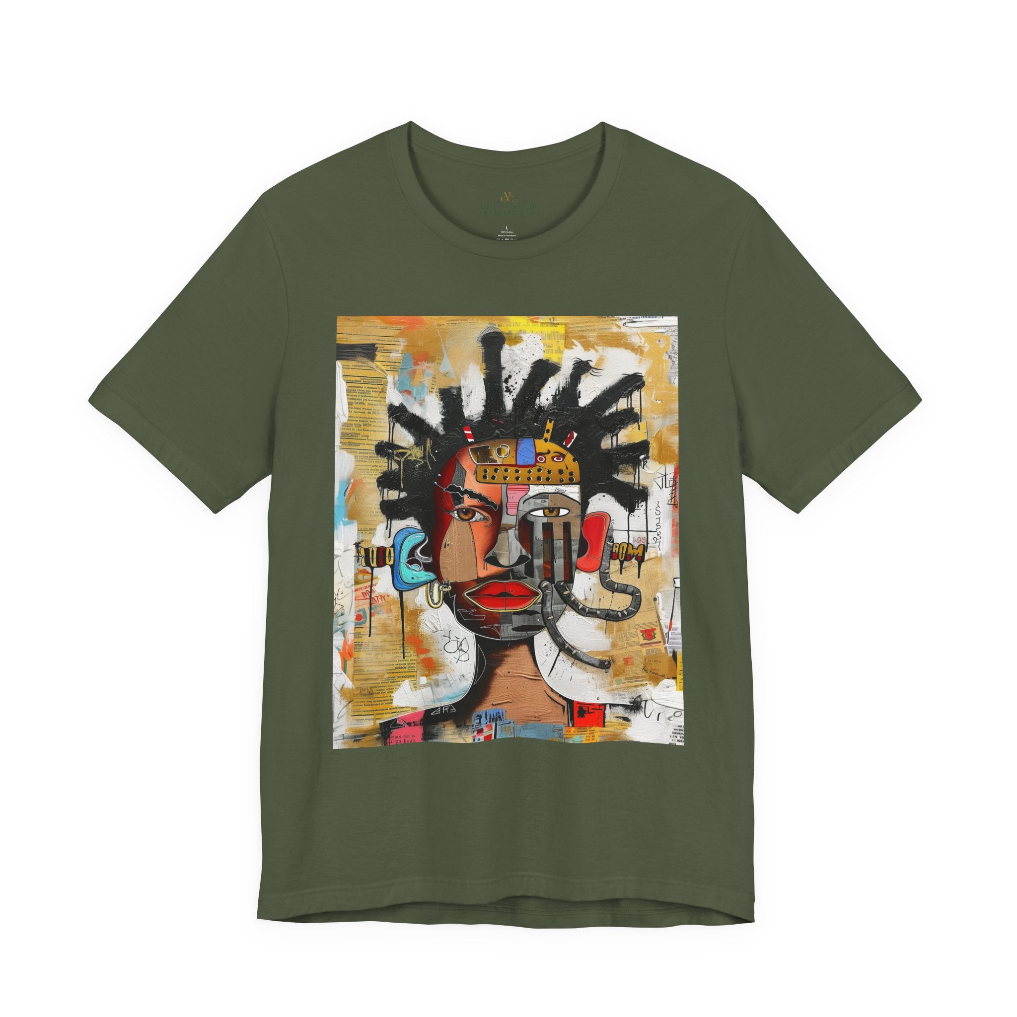 Abstract Afrocentric t-shirt featuring a split-face portrait of a Black man, half human and half robot, with expressive facial features and futuristic mechanical details in an Afrofuturism art style.