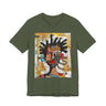 Abstract Afrocentric t-shirt featuring a split-face portrait of a Black man, half human and half robot, with expressive facial features and futuristic mechanical details in an Afrofuturism art style.