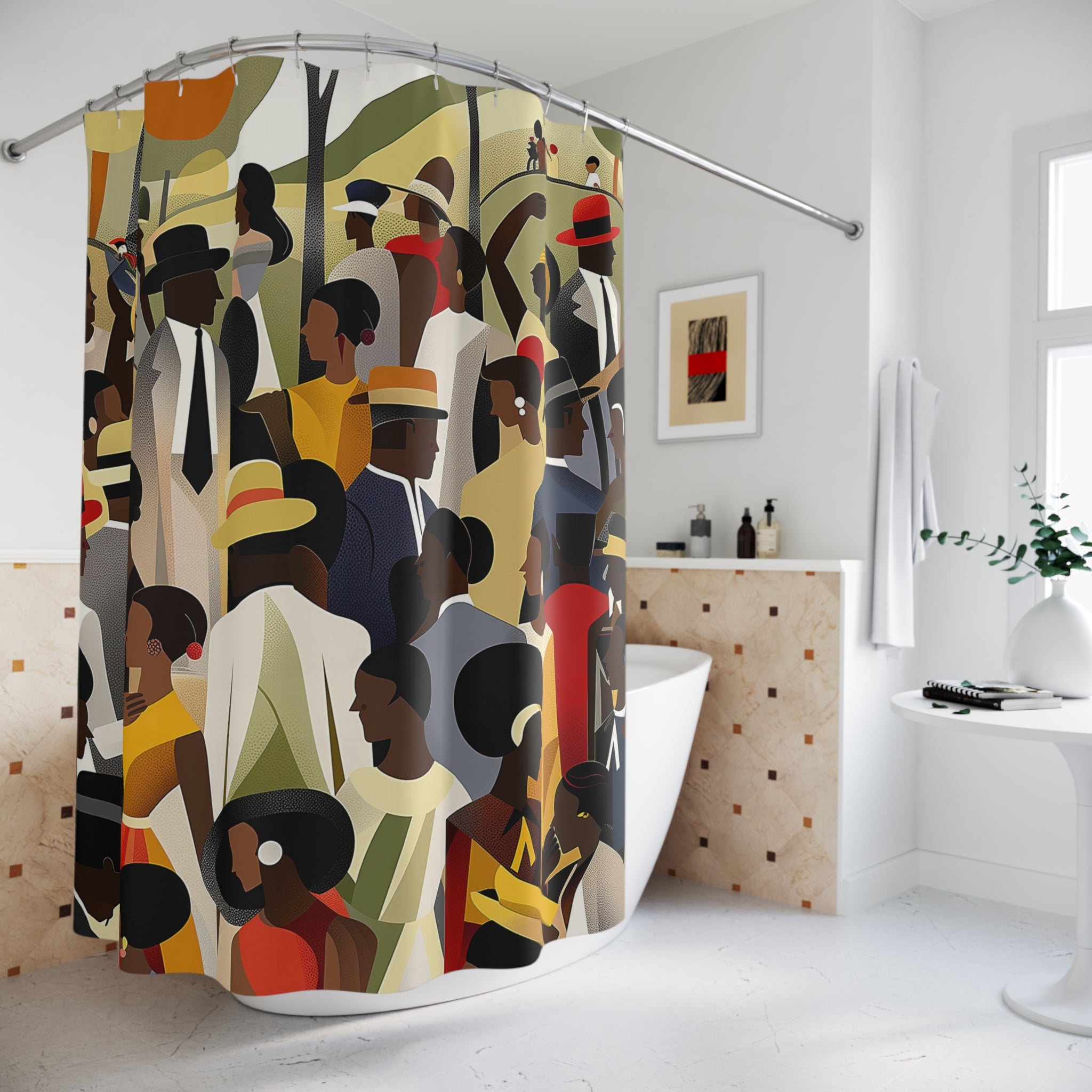 Picnic in the Park Bathroom Shower Curtain featuring African American men and women celebrating Juneteenth outdoors. Afrocentric family reunion scene with people dancing, talking, and enjoying a festive picnic in a vibrant park setting. Bold, colorful cultural bathroom decor.