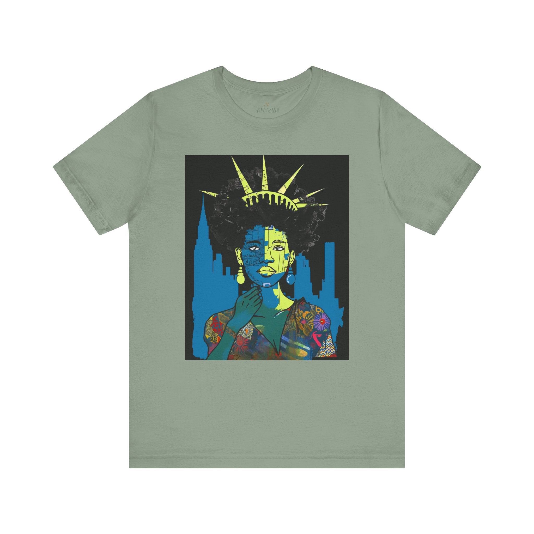 Black Woman Art Statue of Liberty Tee in sage - Style 12