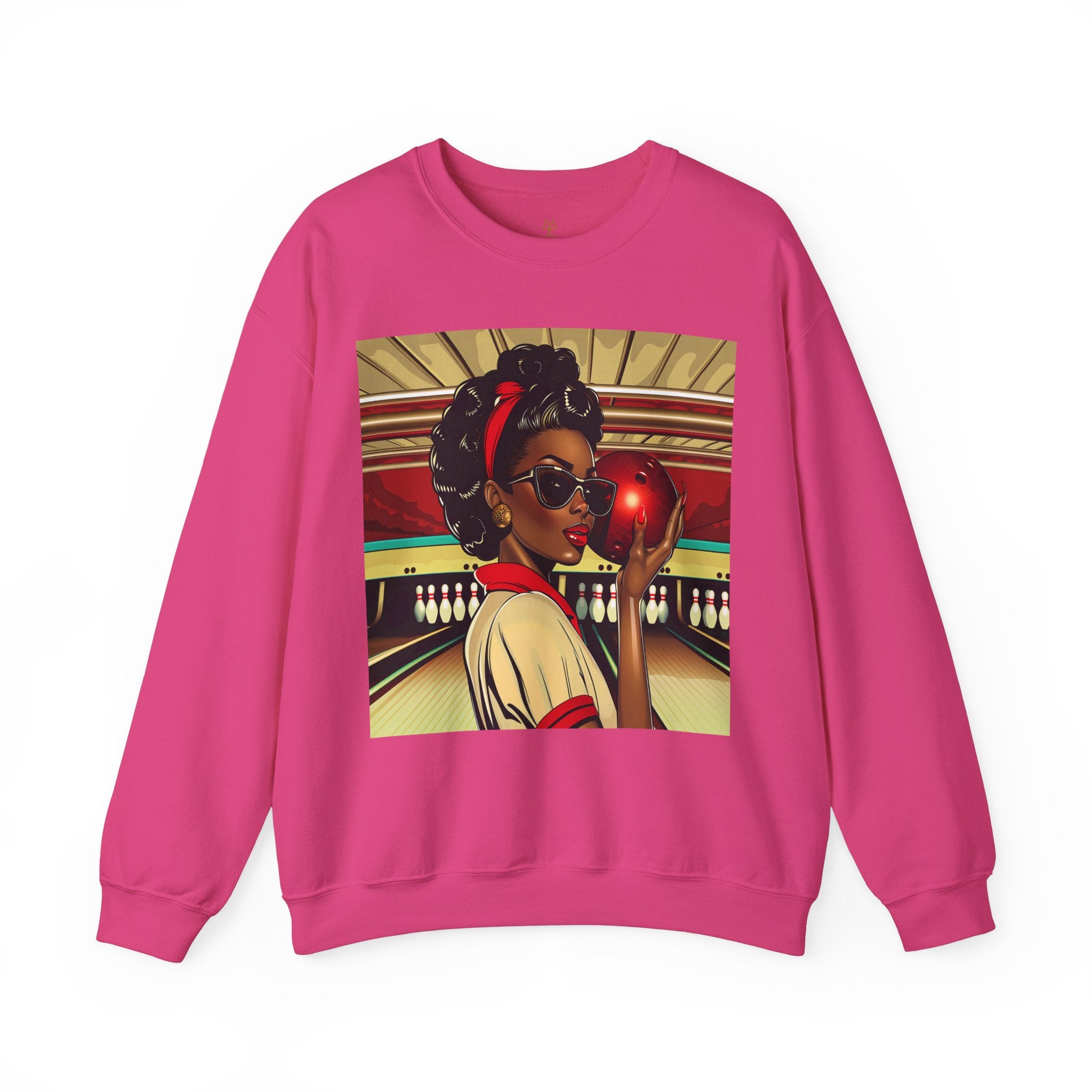 African American Woman Bowling Sweatshirt in pink.