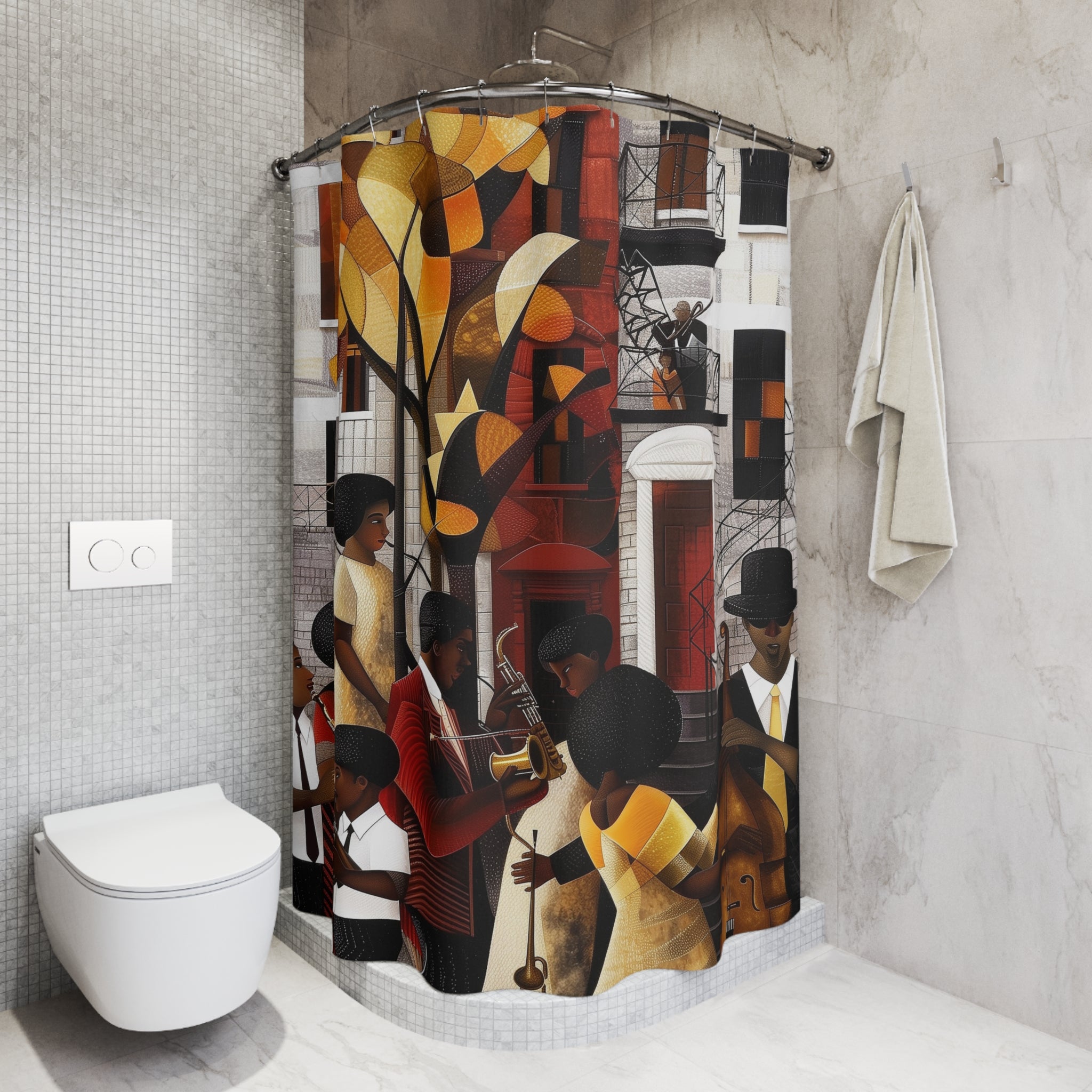 Shower curtain featuring Harlem Renaissance jazz musicians in an Afro Bauhaus bohemian art style; vibrant Afrocentric design perfect for cultural bathroom decor.