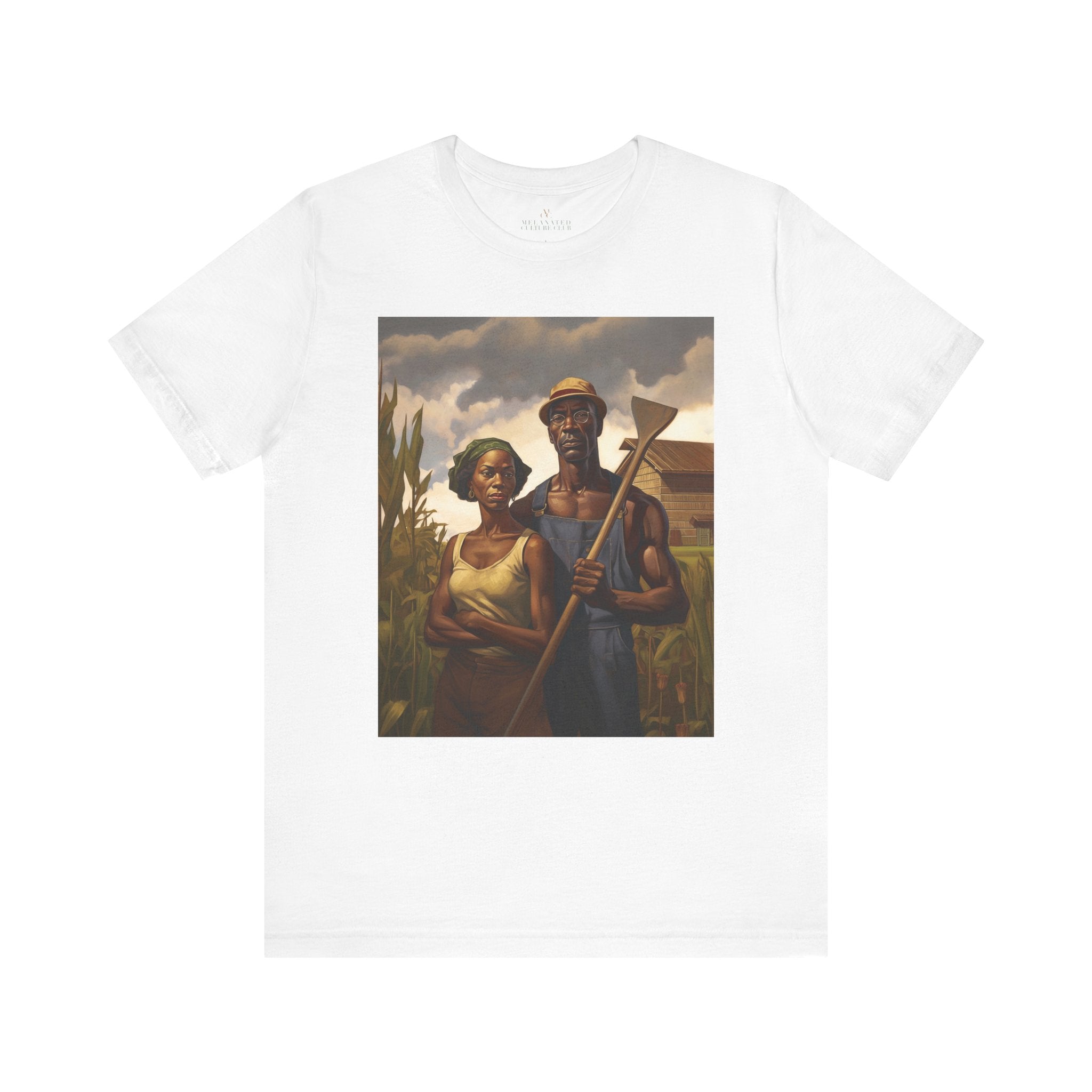 African American Gothic Farmer Tee Shirt in white.