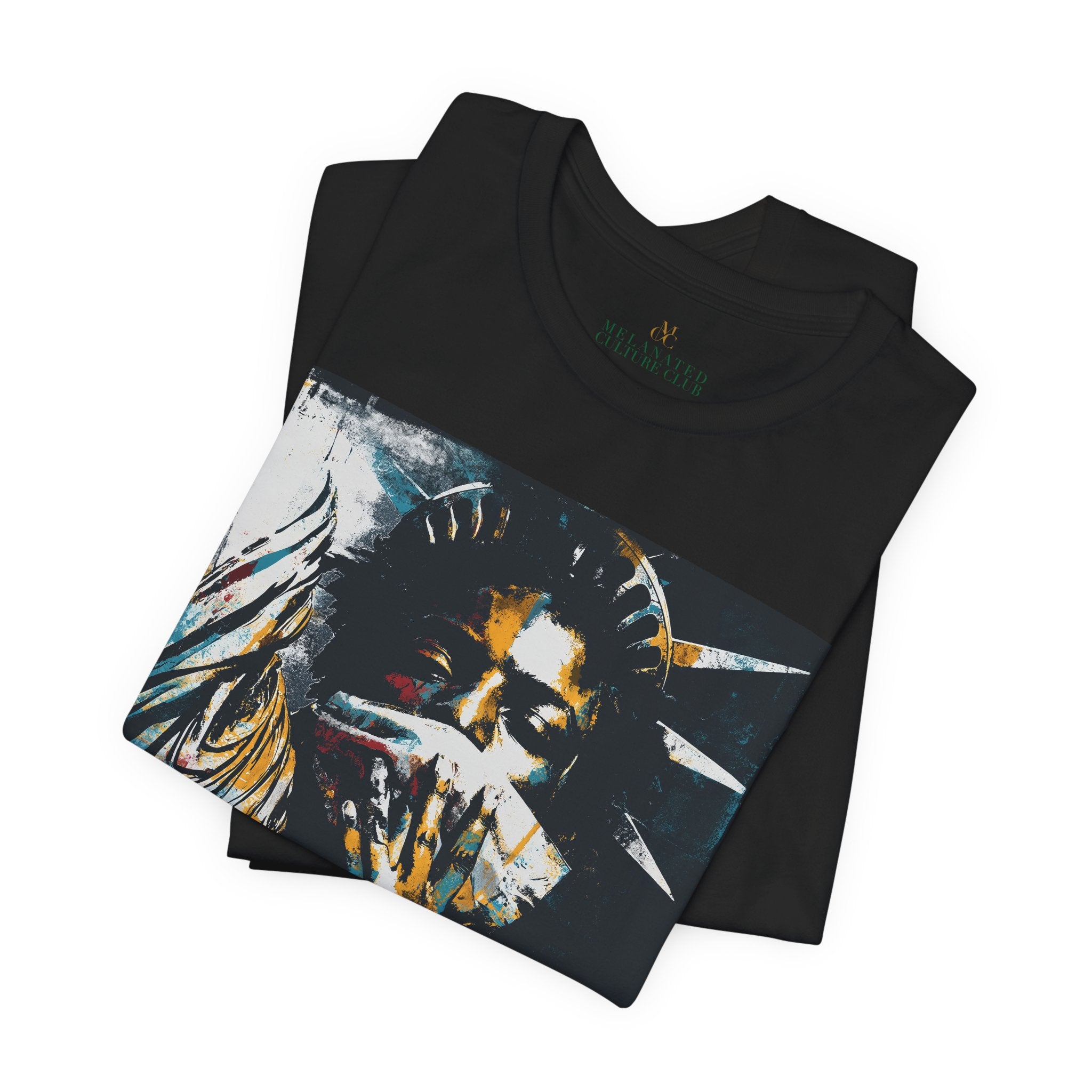 Black woman depicted as Statue of Liberty with mouth covered by white cloth symbolizing silenced freedom of speech First Amendment protest art on tee shirt.