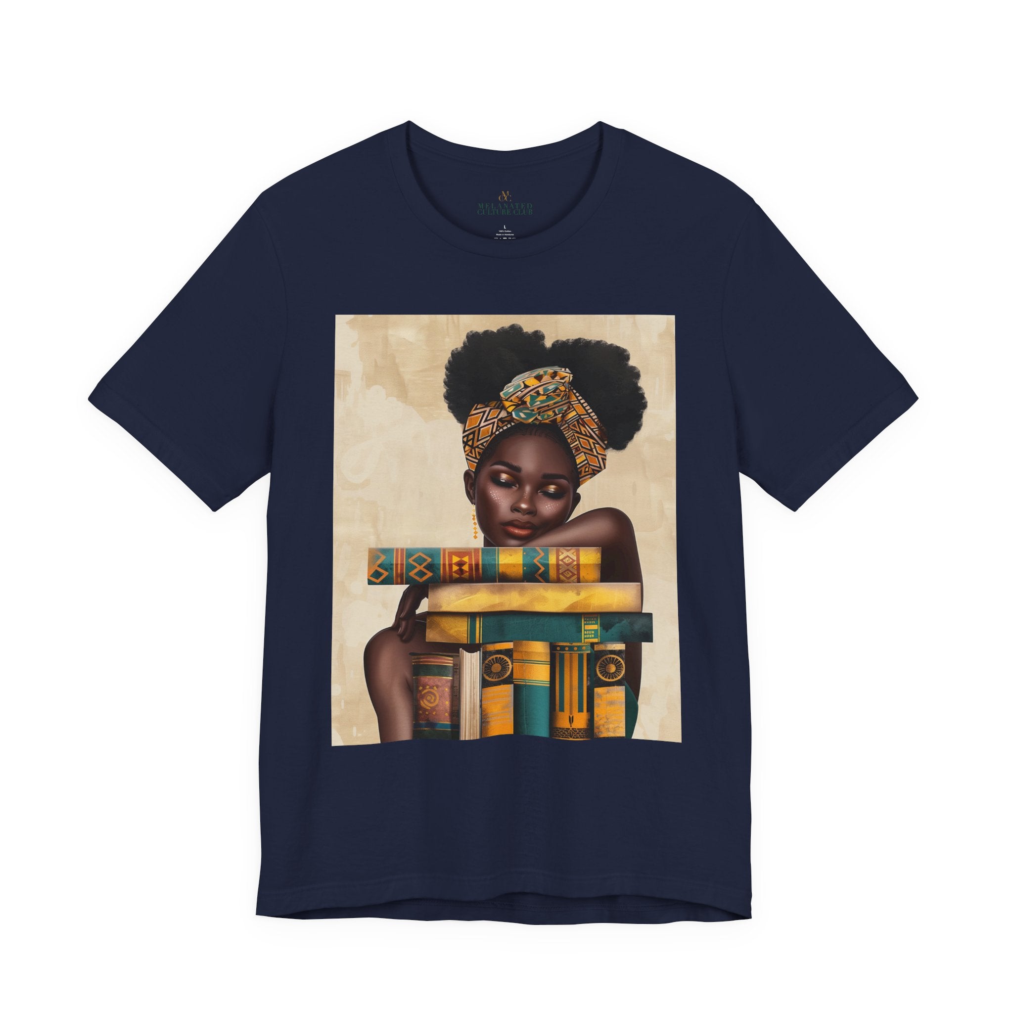 Afrocentric illustration of a young Black woman with a serene expression hugging a stack of books, symbolizing education, knowledge, legacy, and generational success.