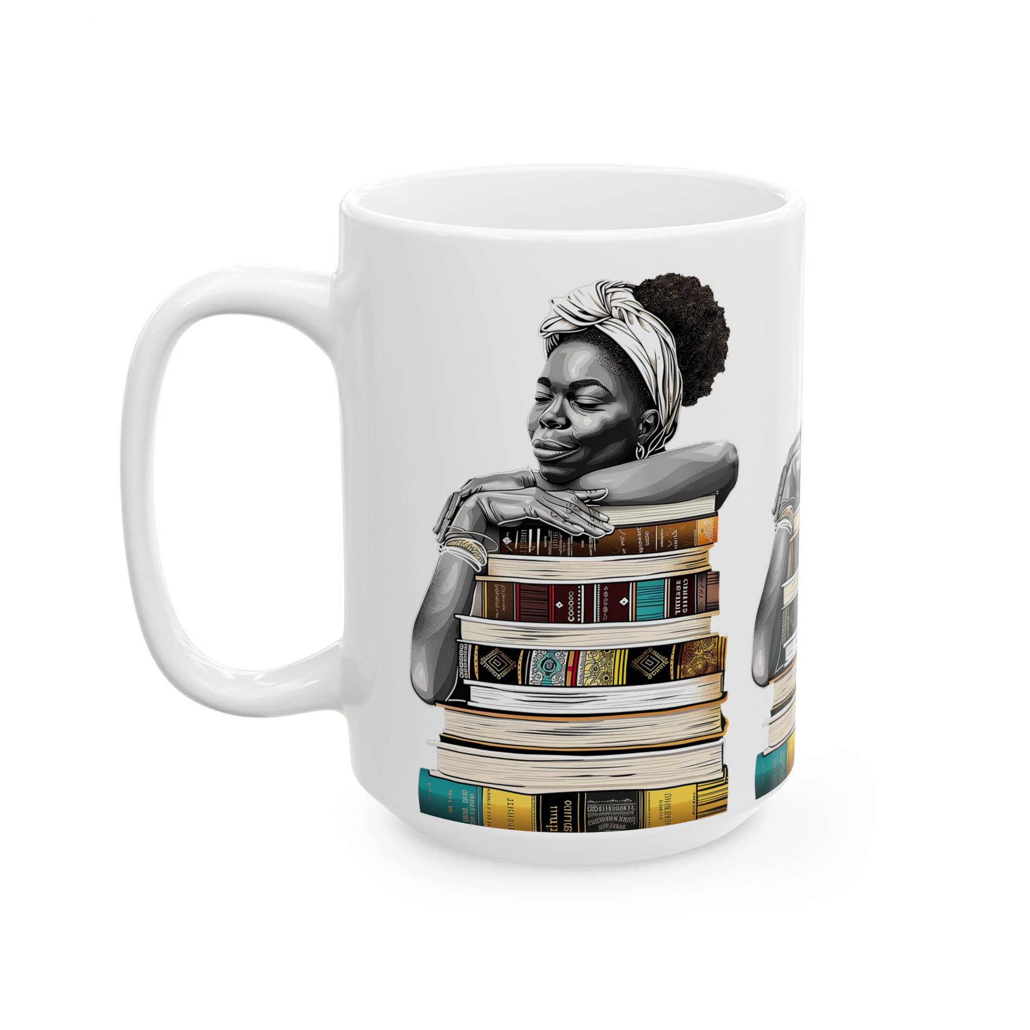 White coffee mug featuring an Afrocentric illustration of a peaceful Black woman embracing books, symbolizing education, knowledge, freedom, and generational legacy.