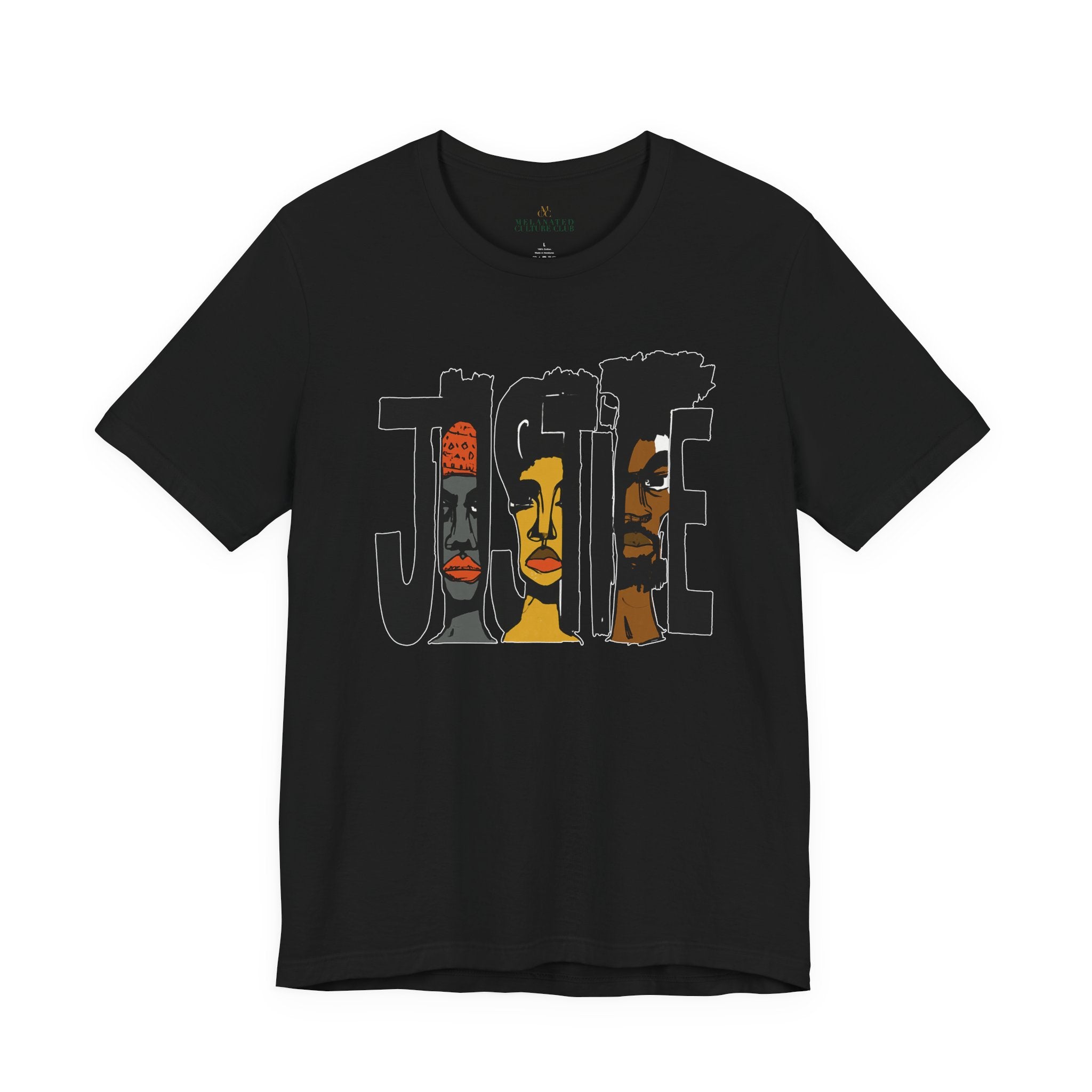 A black short-sleeve crewneck t-shirt featuring a graphic print of the word 'JUSTICE' filled with stylized illustrations of African American faces in black, brown, and orange tones.