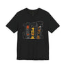 A black short-sleeve crewneck t-shirt featuring a graphic print of the word 'JUSTICE' filled with stylized illustrations of African American faces in black, brown, and orange tones.