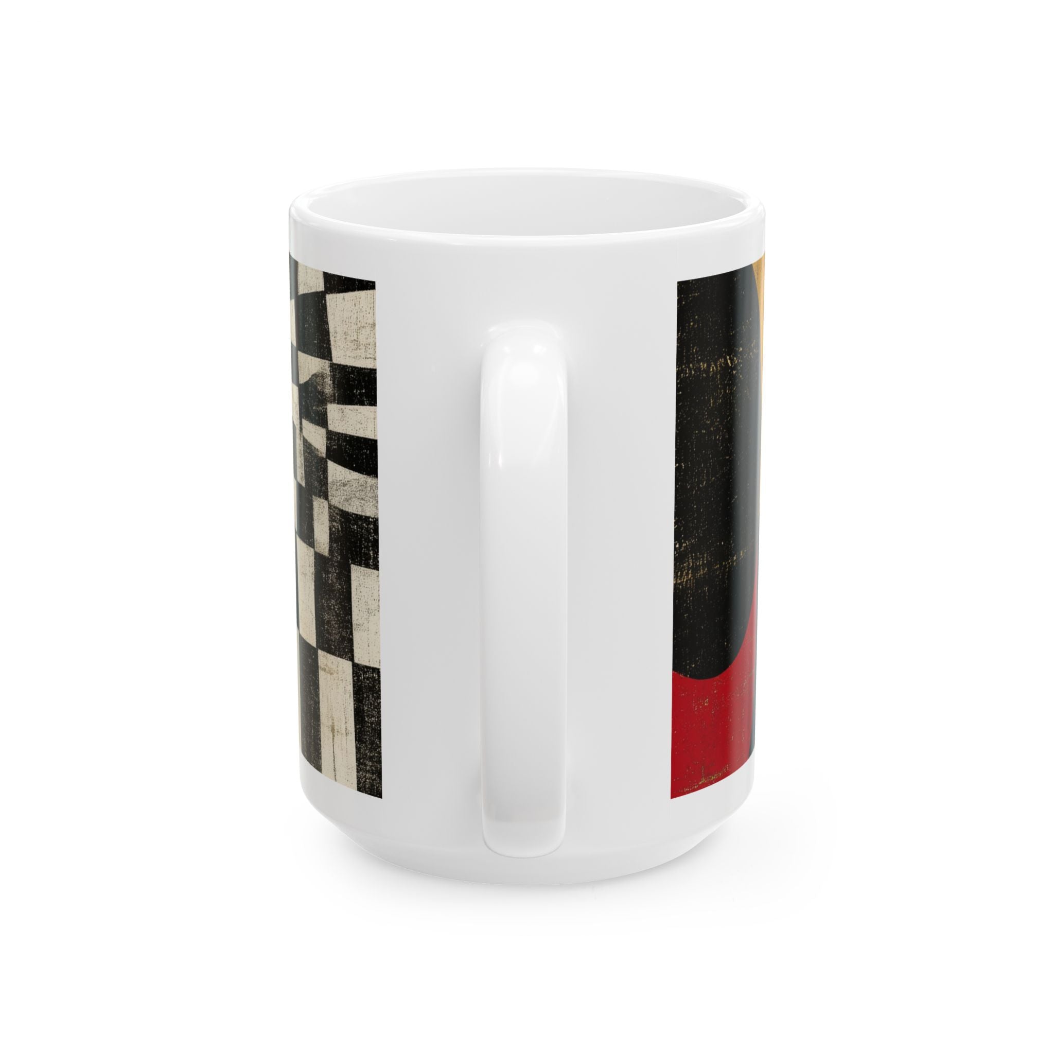 A white 15 oz. ceramic mug with a handle, featuring a printed wrap-around design with a black and beige checkerboard pattern on one side and a vertical graphic with black, gold, and red sections on the other, shown against a plain white background.