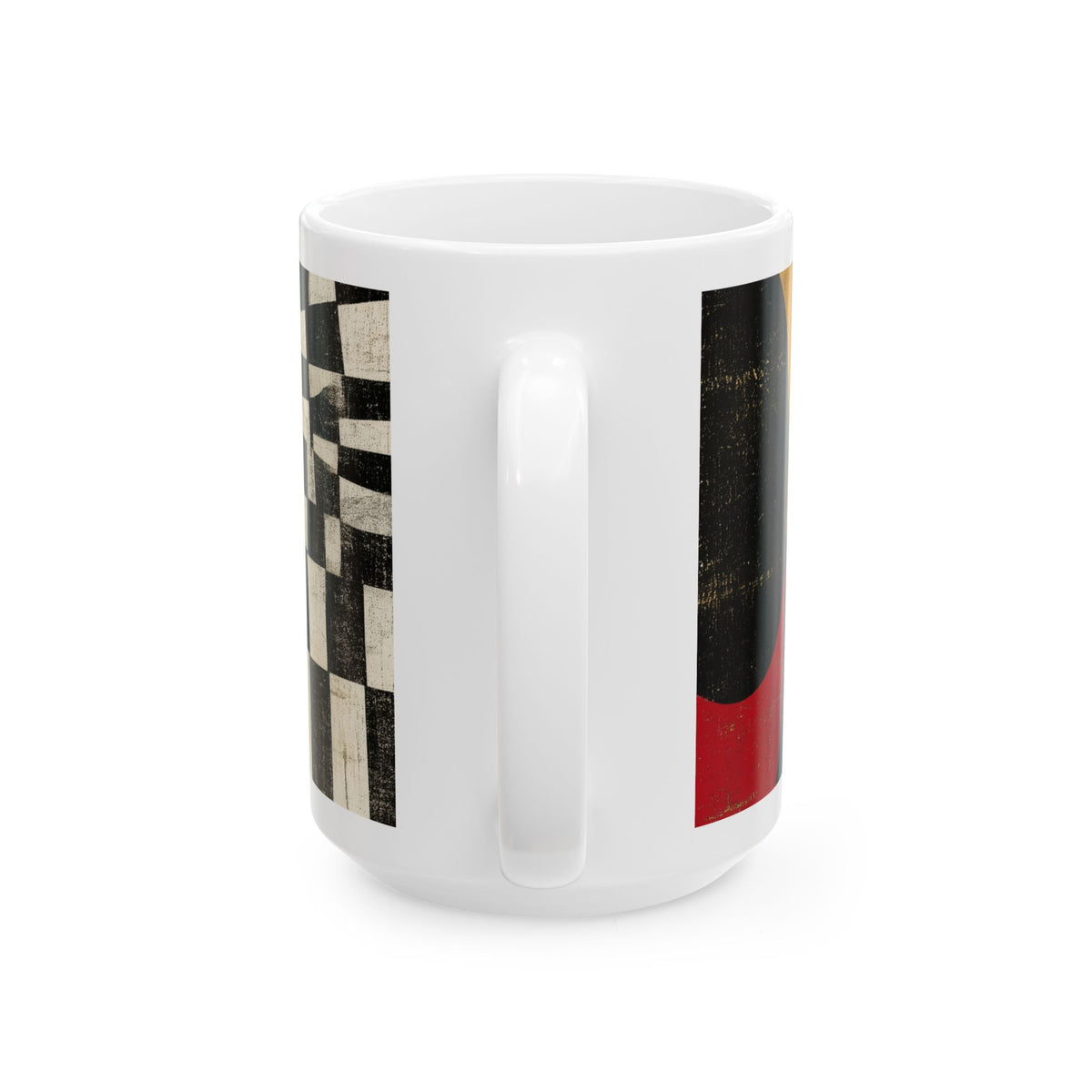 A white 15 oz. ceramic mug with a handle, featuring a printed wrap-around design with a black and beige checkerboard pattern on one side and a vertical graphic with black, gold, and red sections on the other, shown against a plain white background.