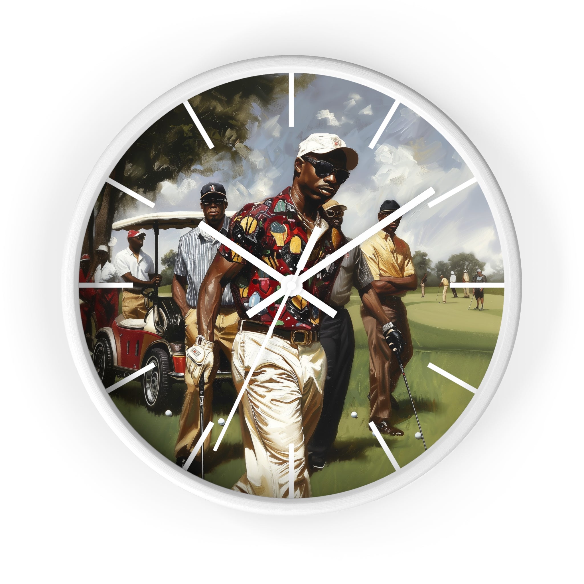 Round wall clock with a white frame and a printed golf-themed illustration on the face, featuring a man in a colorful shirt on a golf course with white clock hands and minimalist white hour markers.