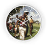 Round wall clock with a white frame and a printed golf-themed illustration on the face, featuring a man in a colorful shirt on a golf course with white clock hands and minimalist white hour markers.
