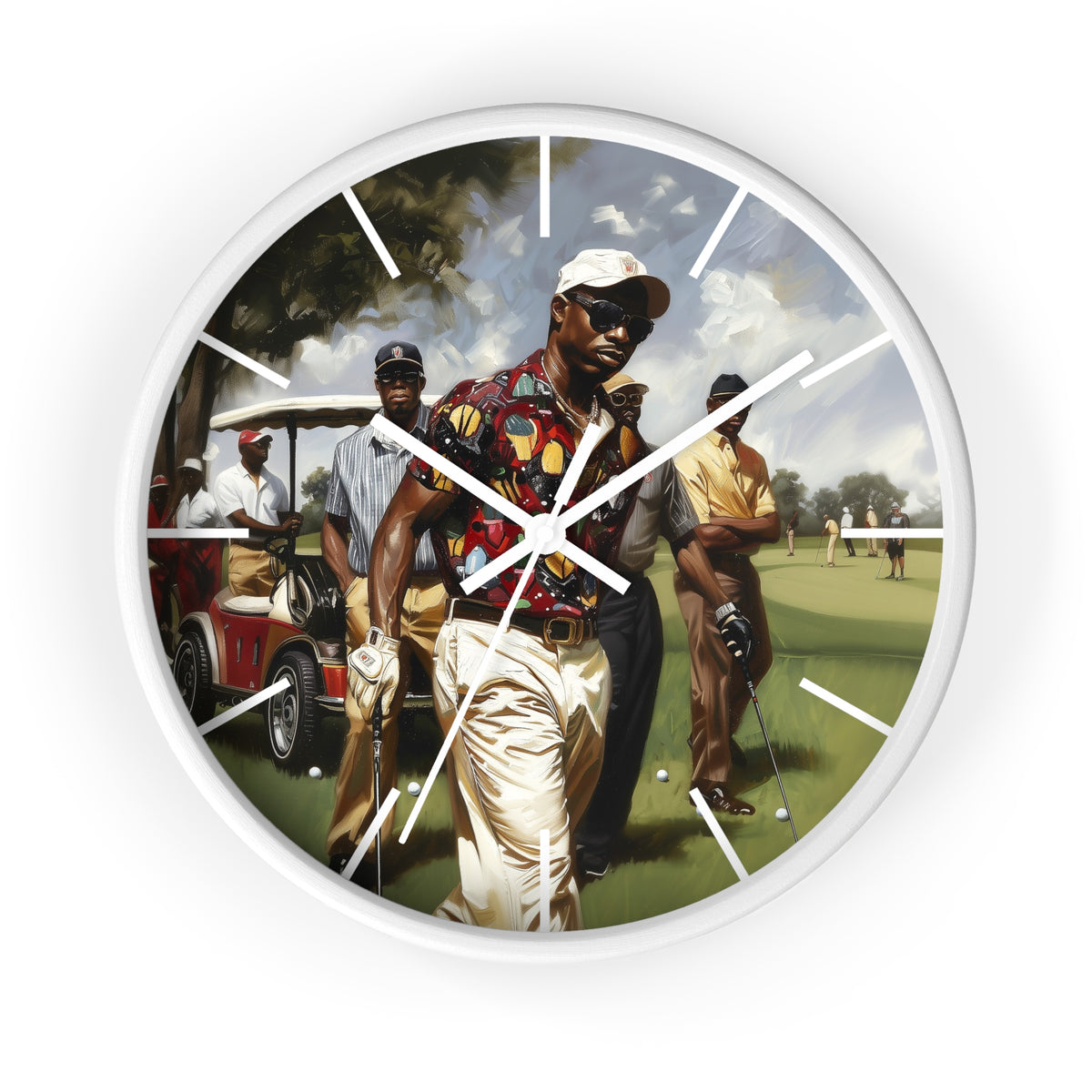 Round wall clock with a white frame and a printed golf-themed illustration on the face, featuring a man in a colorful shirt on a golf course with white clock hands and minimalist white hour markers.