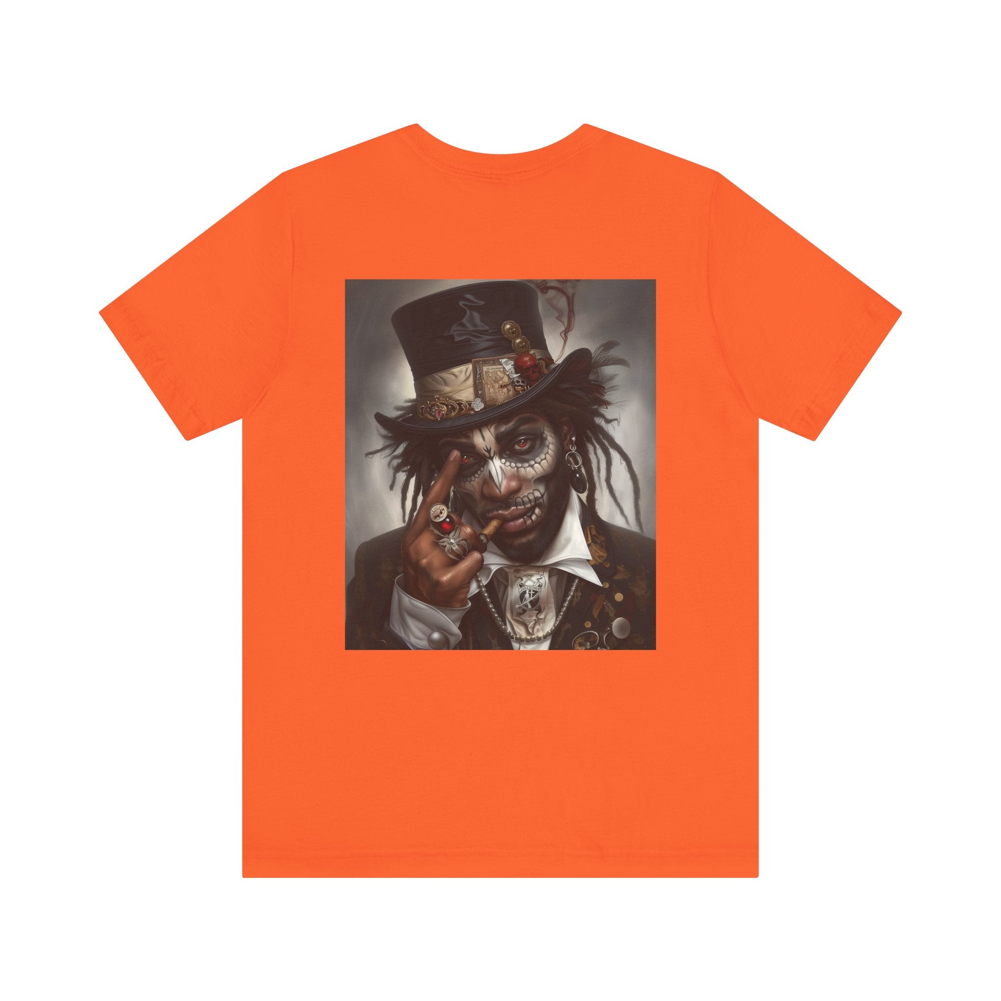 Voodoo Priest Tee Shirt featuring an Afrocentric gothic design of a voodoo priest in a top hat with skull face paint, red eyes, dark fantasy Afrocentric streetwear. (Back style)