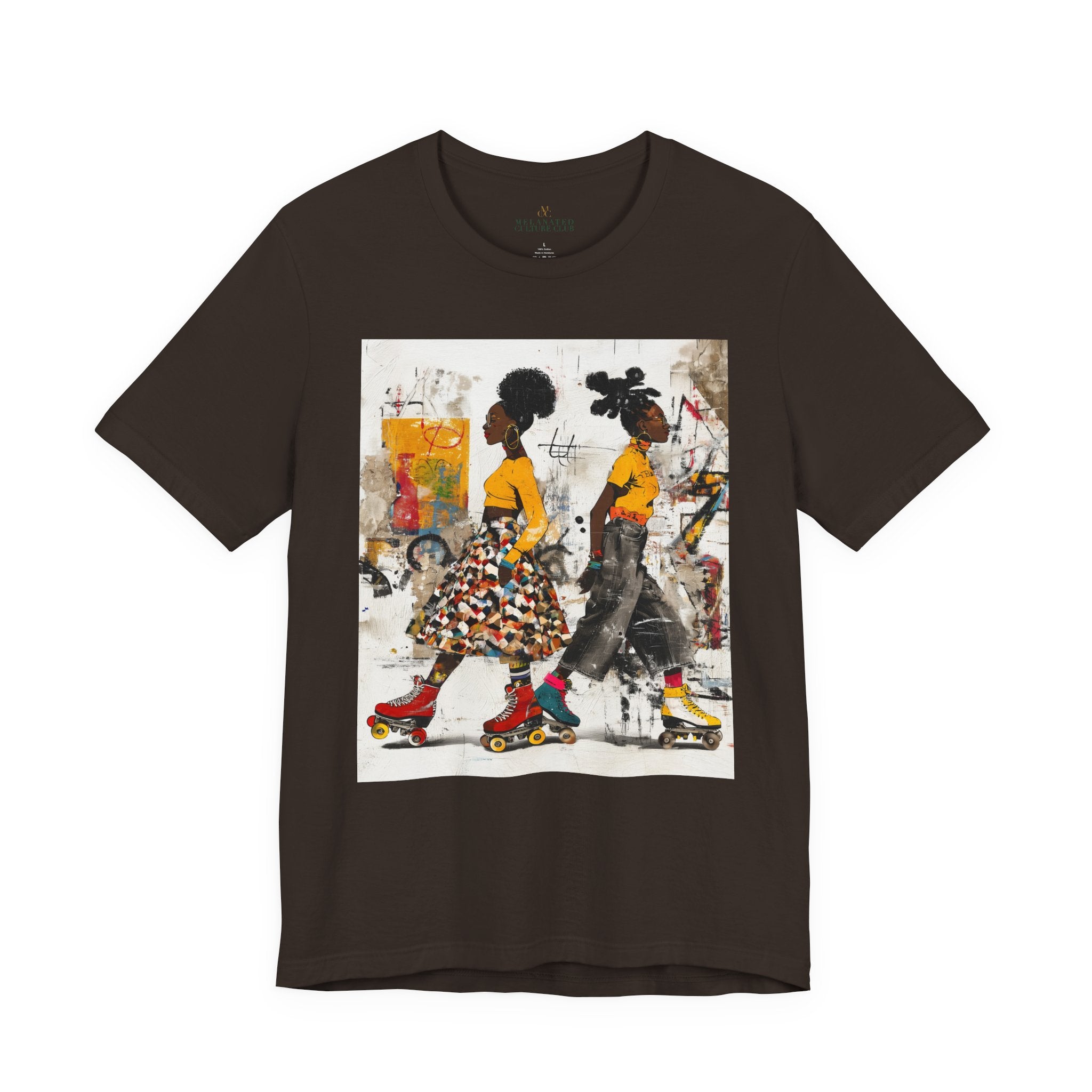 Two Black women with natural hairstyles wearing bold streetwear and roller skates, standing against a colorful abstract graffiti background on an Afrocentric graphic t-shirt.