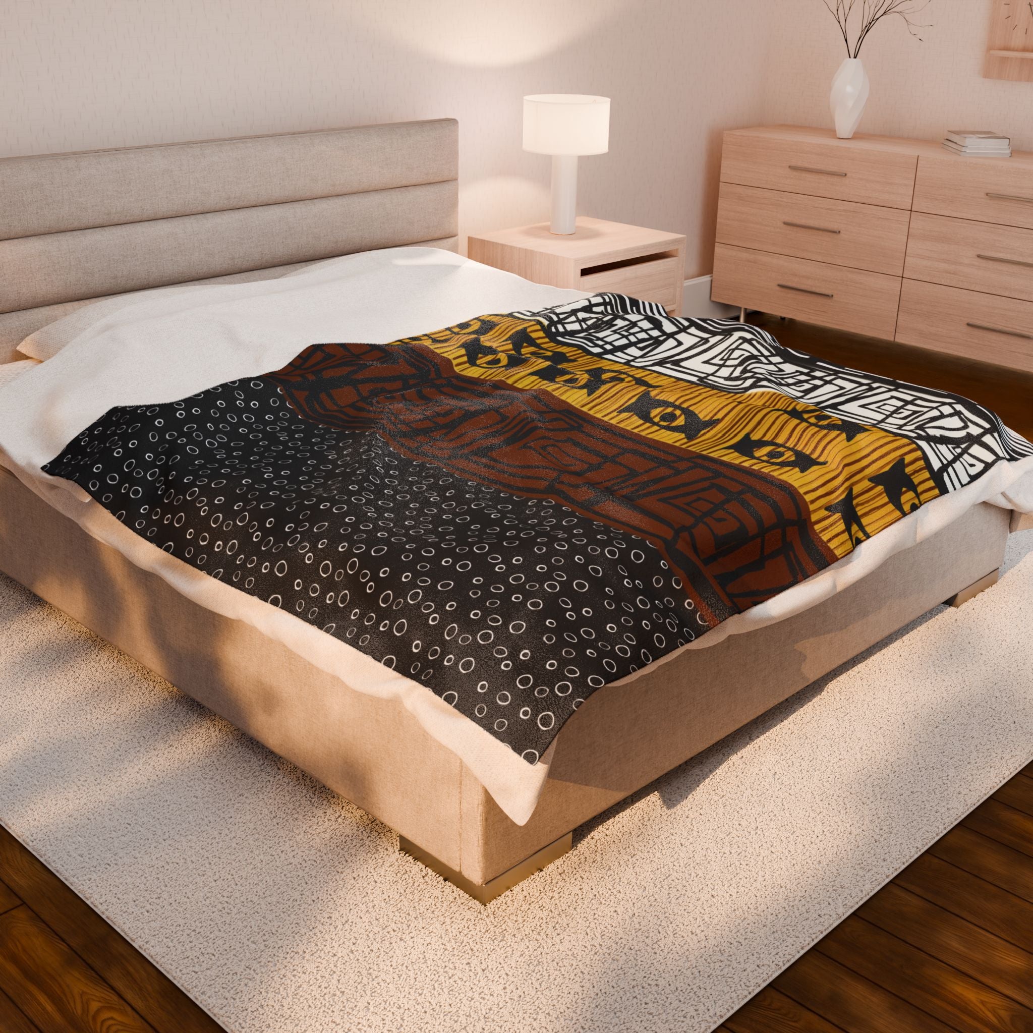 African Mud Cloth Velveteen Blanket with tribal pattern – Ethnic design ideal for Afrocentric home décor.