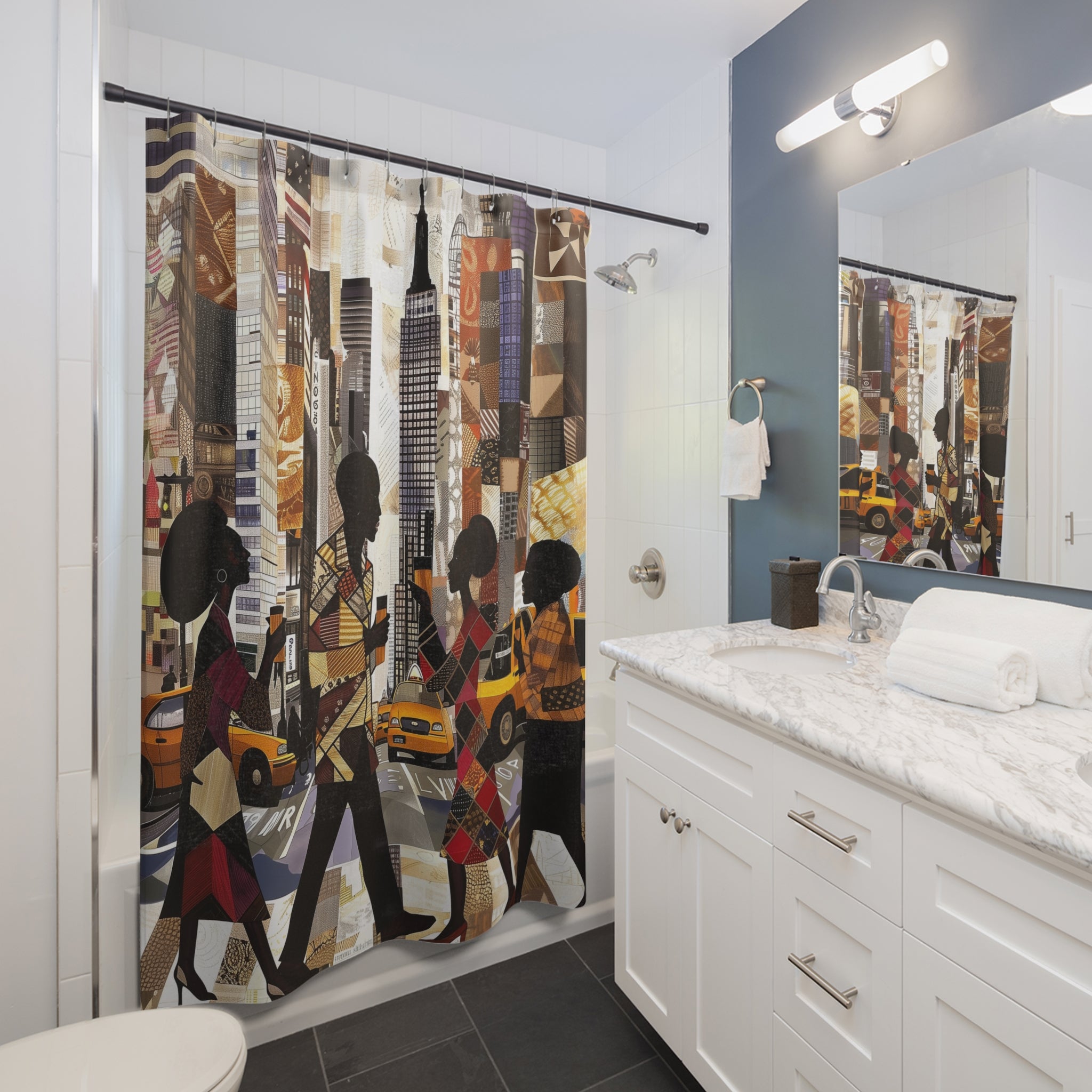 Afrocentric NYC shower curtain featuring Black professionals walking during Manhattan morning rush hour with coffee cups in a modern abstract graffiti  style.